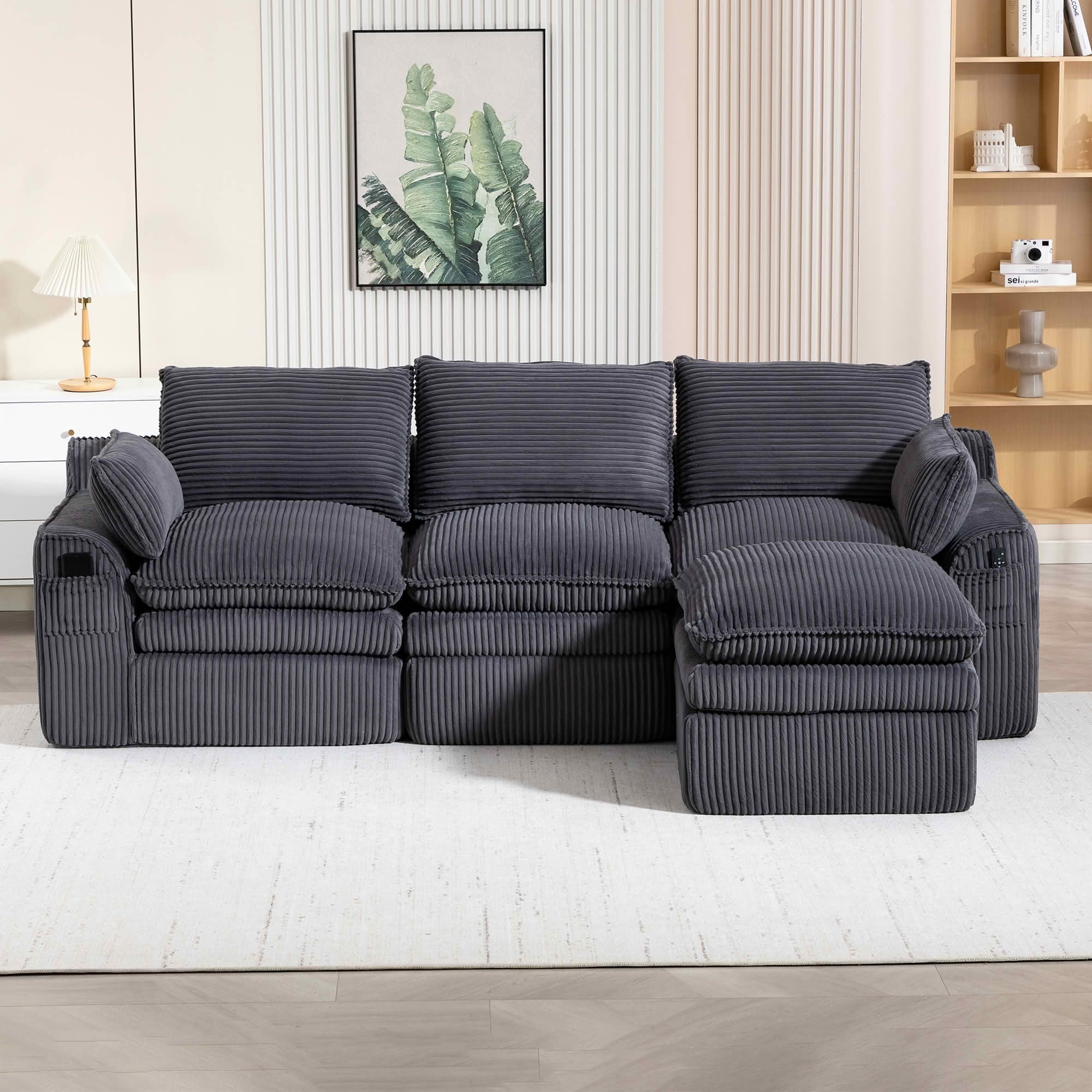 MAYEERTY Modular L Shape Corduroy Sectional Sofa, Compressed Boneless Cloud Couch with Footstool & Pillows for Small Living Space