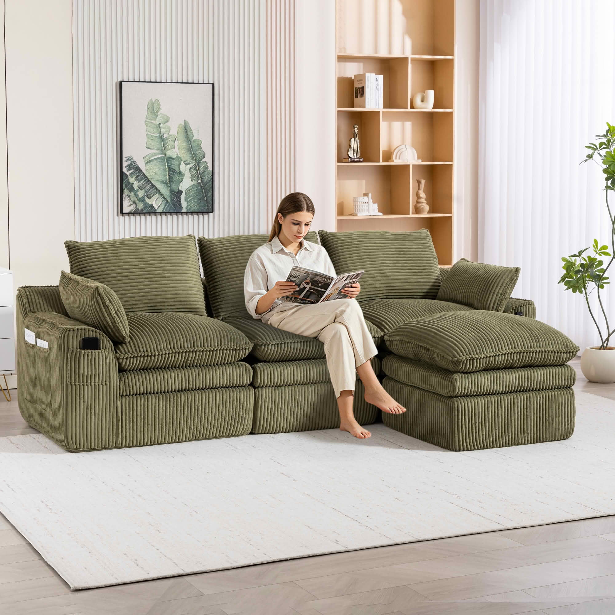 MAYEERTY Modular L Shape Corduroy Sectional Sofa, Compressed Boneless Cloud Couch with Footstool & Pillows for Small Living Space