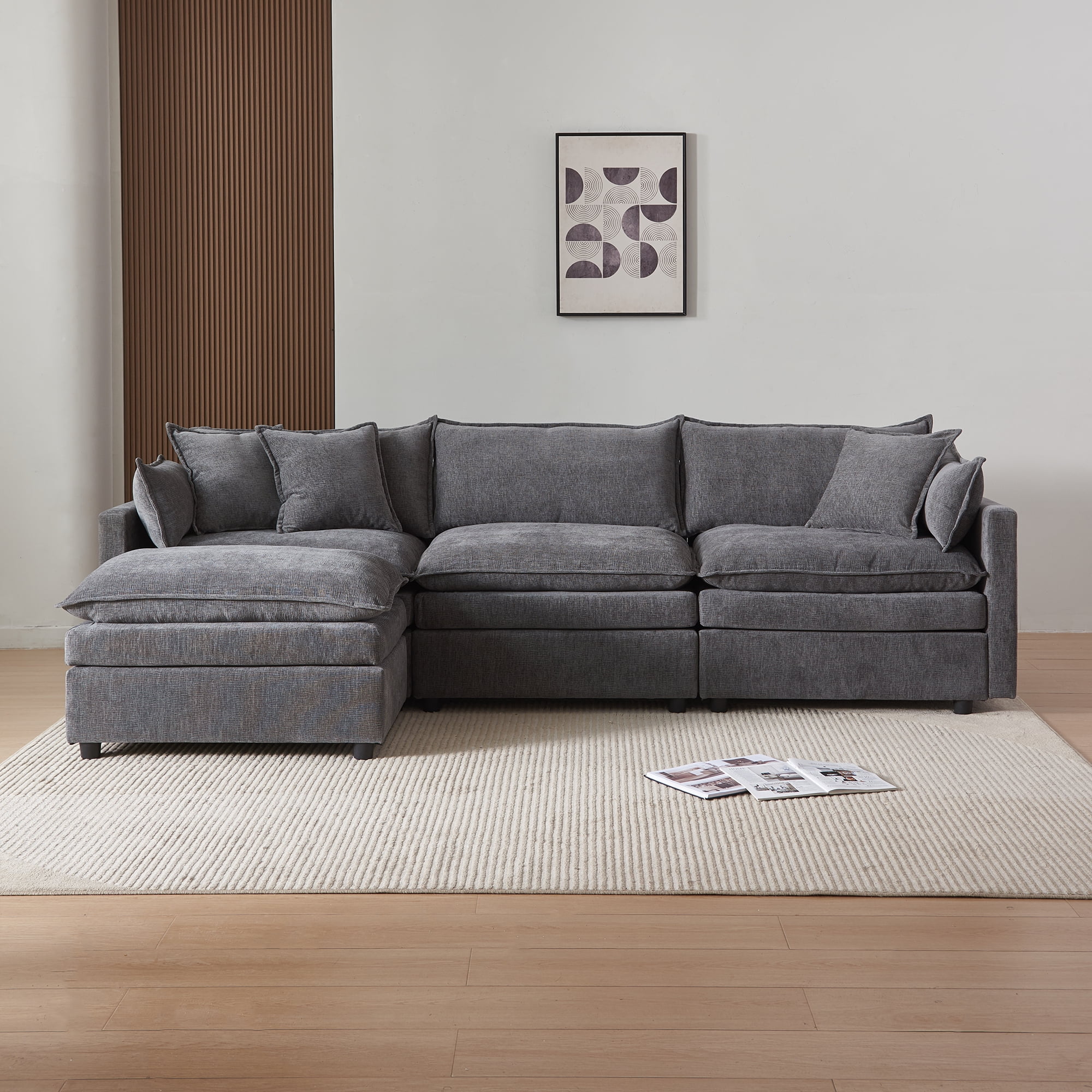 MAYEERTY Modular L-Shaped Sectional Sofa with Ottoman, Chenille Fabric Sofa Couch, Comfy Upholstered Furniture for Living Room，Gray