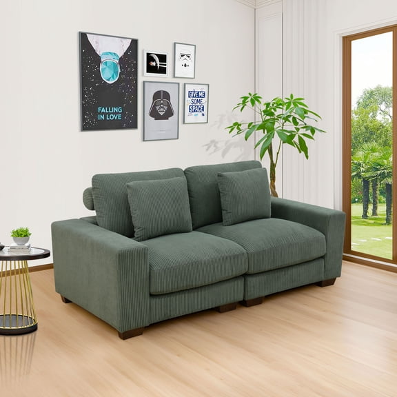 MAYEERTY Modular Loveseat Sofa, Flocking Fabric Couch with Anti-Insect Solid Wood Frame, Green Living Room Furniture