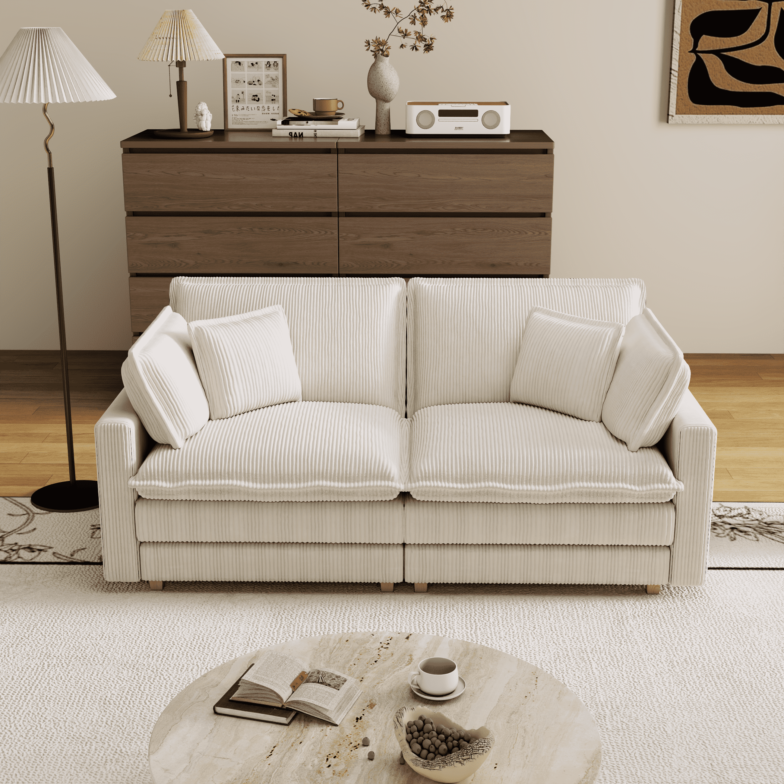 MAYEERTY Modular L-Shaped Deep Seat Sectional Sofa with 4 Pillows for Living Room (Beige)