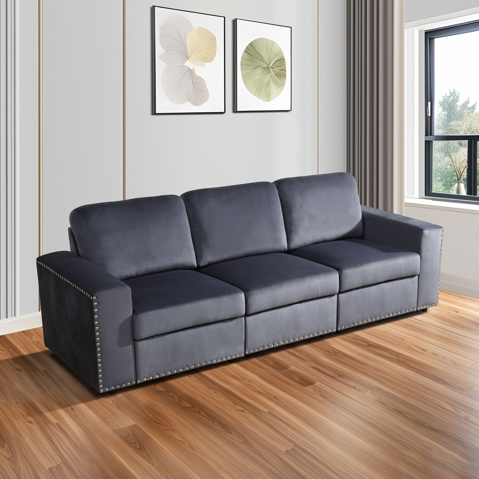 MAYEERTY Modular Sectional Sofa, Flocking Fabric Couch with Nailhead Trim & Anti-Insect Frame, for Living Room, Dark Grey