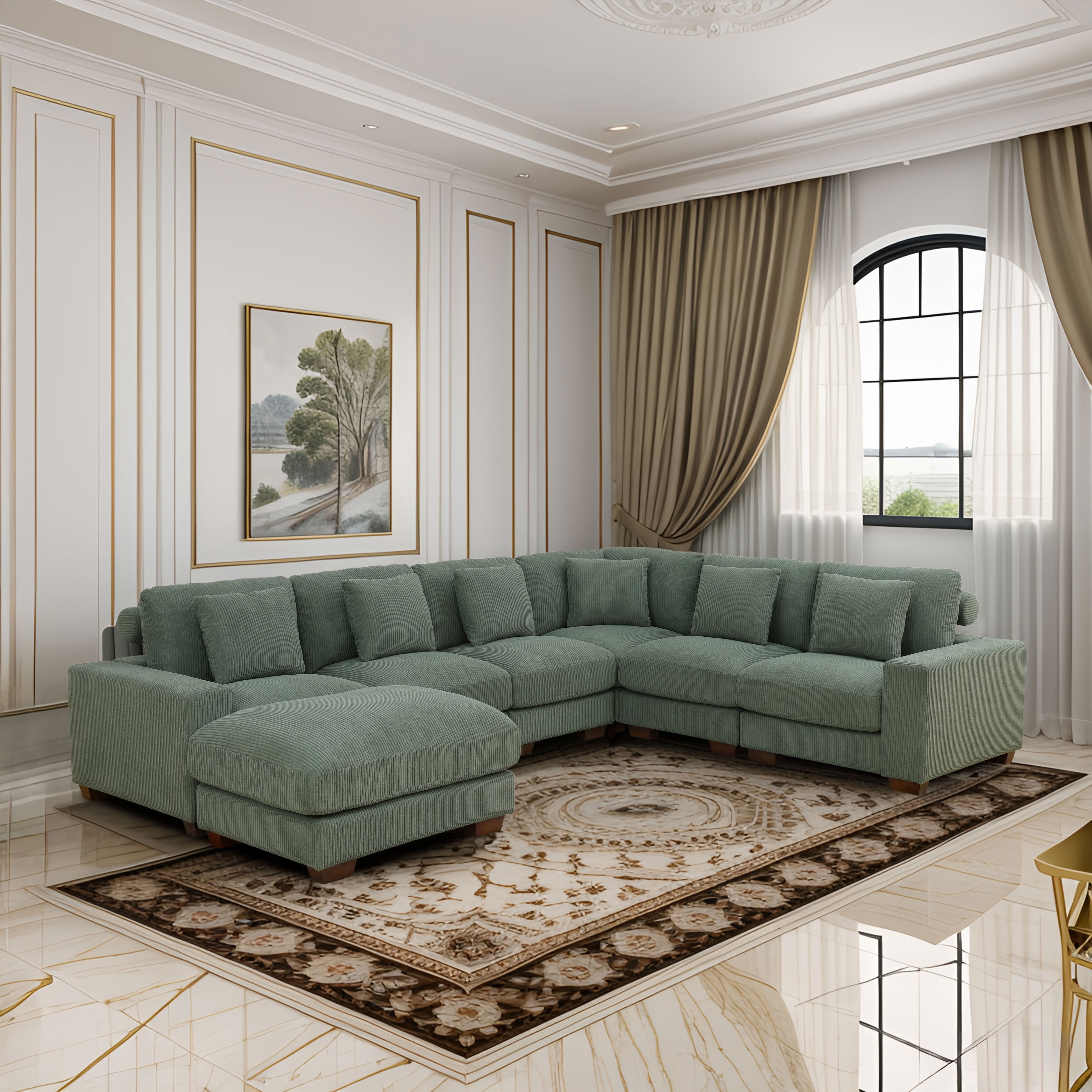 MAYEERTY Modular Sectional Sofa, Flocking Fabric Couch with Ottoman & Anti-Insect Frame, Green Living Room Furniture