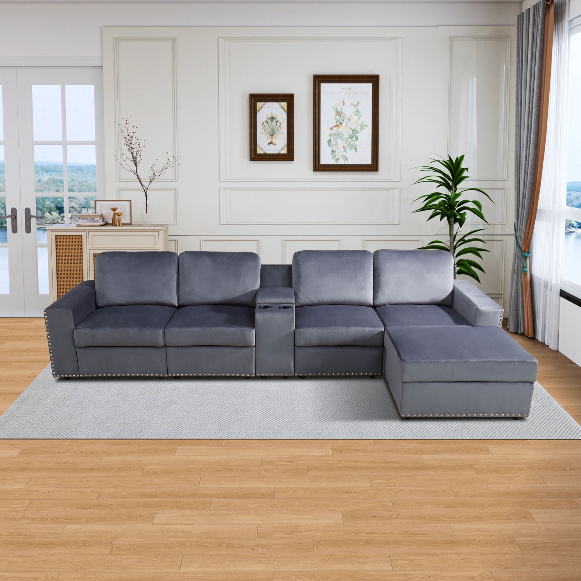 MAYEERTY Modular Sectional Sofa Set, Convertible Upholstered Couch with Ottoman, Console & Cup Holders, for Living Room Family Room Apartment, Dark Grey