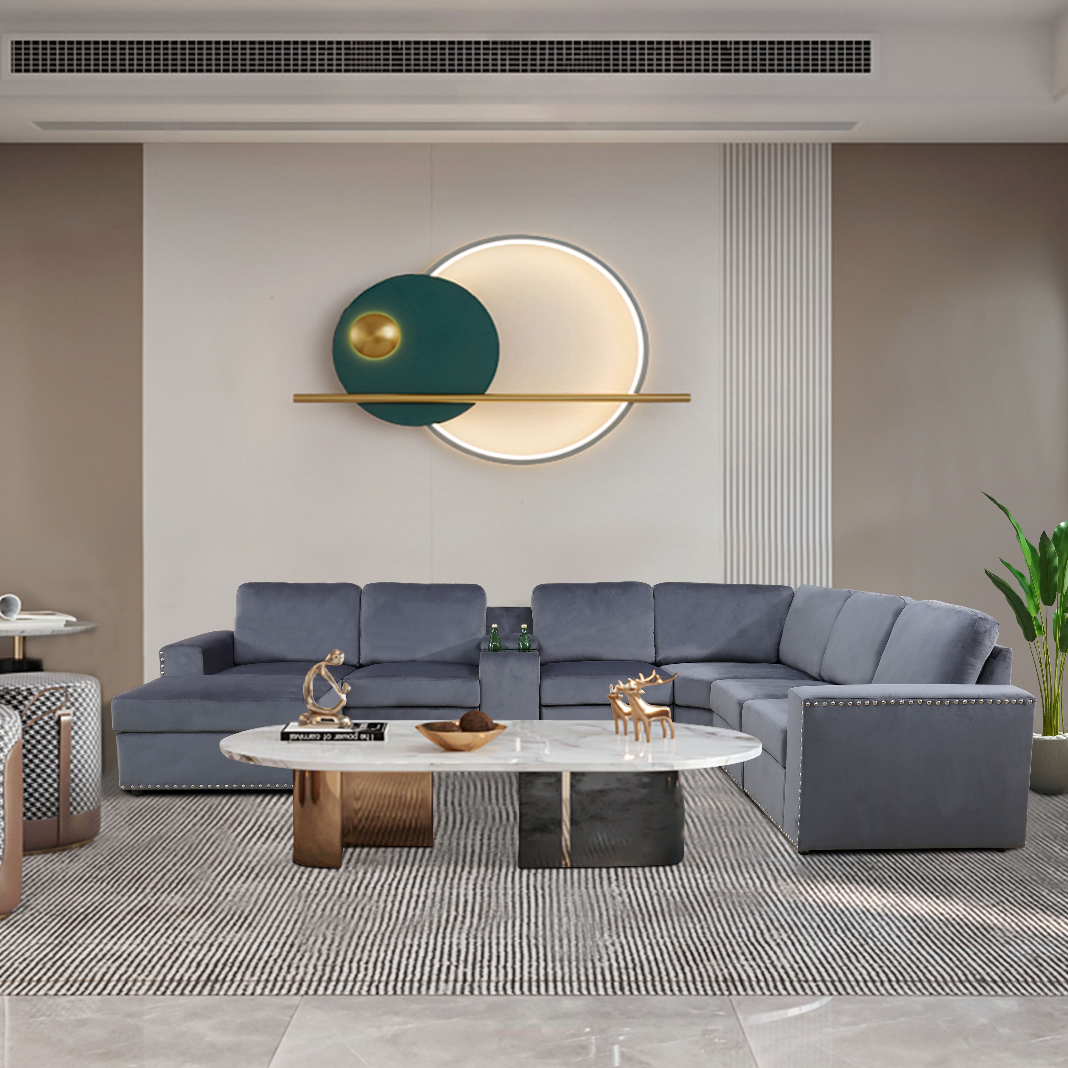 MAYEERTY Modular Sectional Sofa Set, Convertible Upholstered Couch with Ottoman, Console & Cup Holders, for Living Room Family Room, Dark Grey