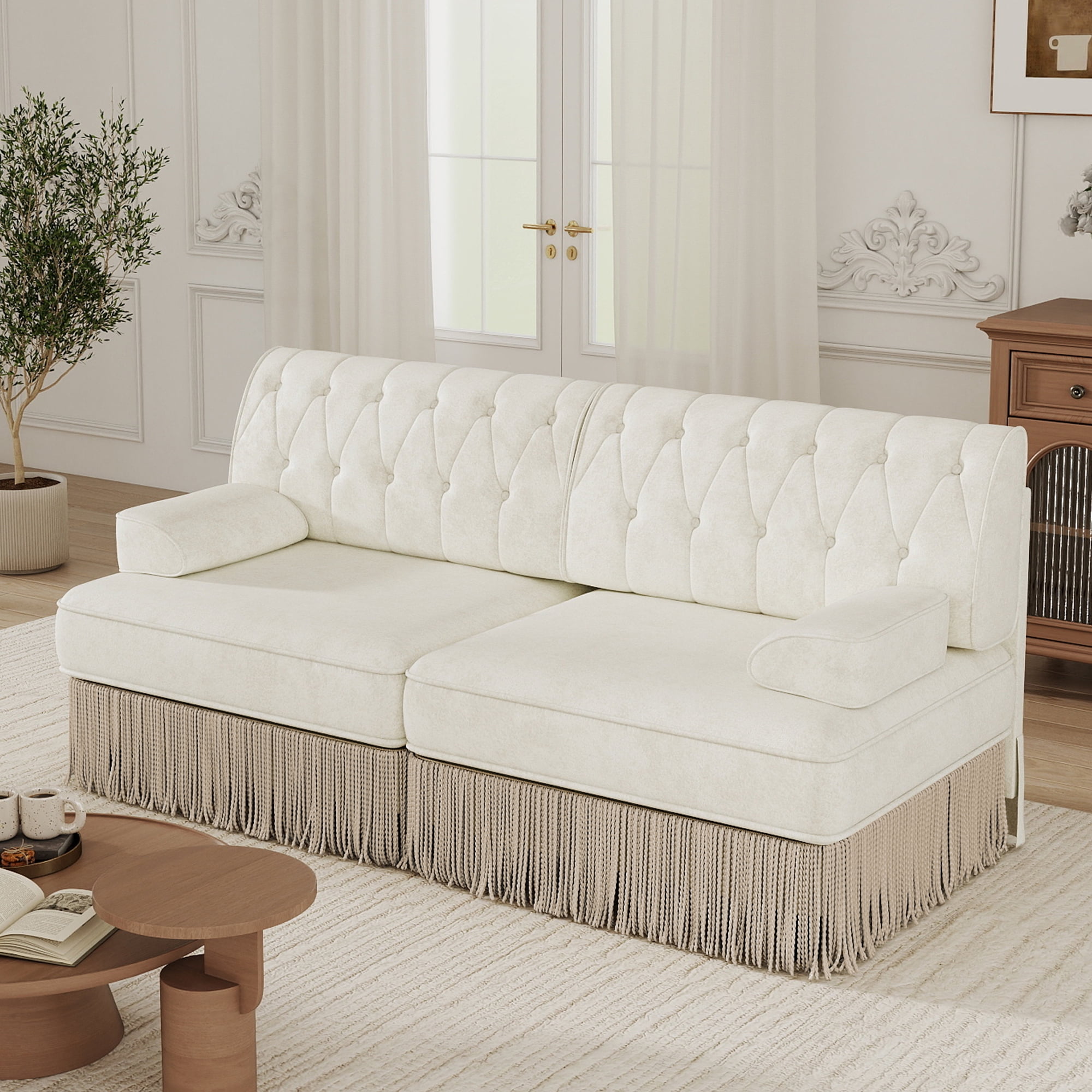 MAYEERTY Modular Tufted Sectional Sofa with Tassel Fringe Skirt, Free Combinable Loveseat Couch for Living Room Bedroom Rest Area