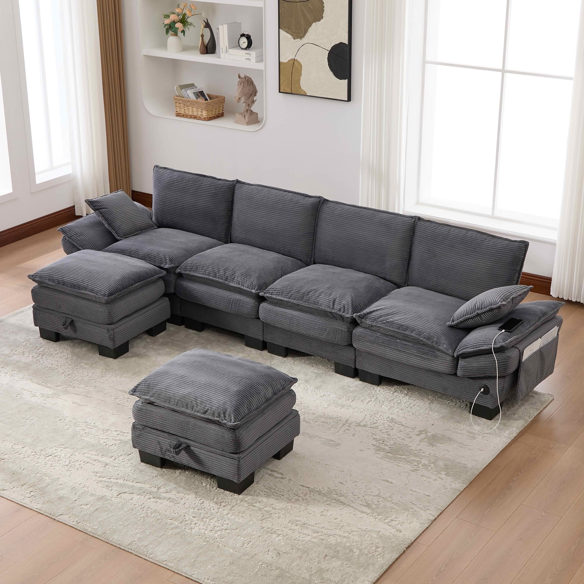 MAYEERTY Multi-Config Cloud Corduroy Modular Sofa, Deep Seat Sectional Couch with Storage Footstool & USB Ports for Small Apartment