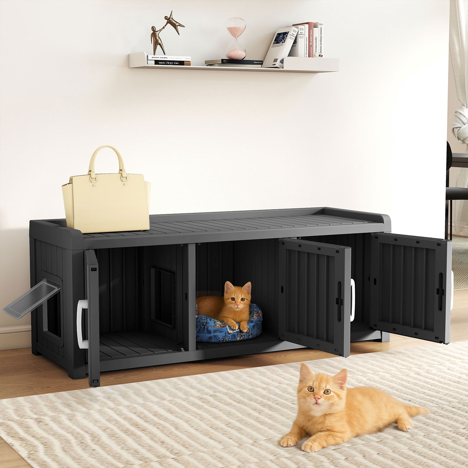MAYEERTY Multi-Functional Cat House & Litter Box Enclosure, Sturdy Storage Cabinet with Ventilated Side Window