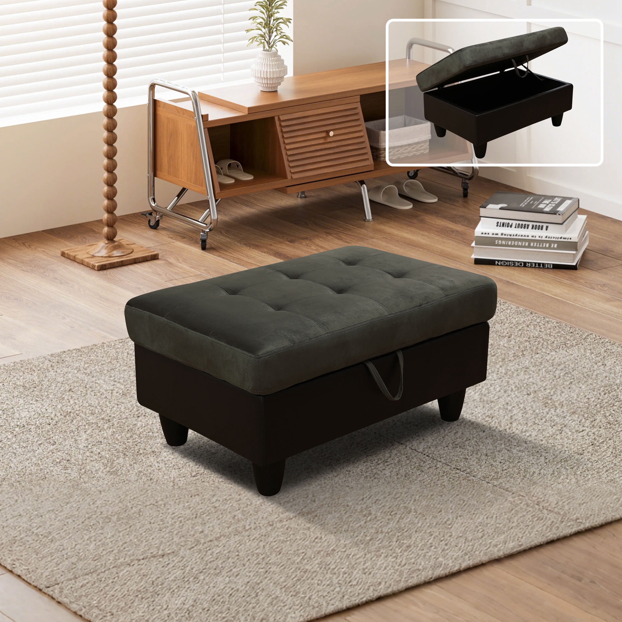 MAYEERTY Multifunctional Ottoman for Living Room Bedroom Entryway, Upholstered Footrest with Storage & Solid Wood Frame, Brown