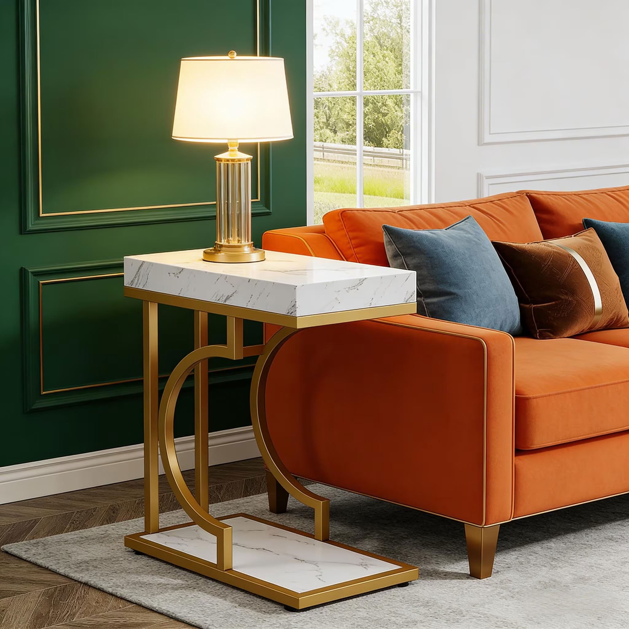 MAYEERTY Narrow End Table, Modern Side Table with Faux Marble Top and Metal Frame, Space-Saving Bedside Table for Living Room, Bedroom
