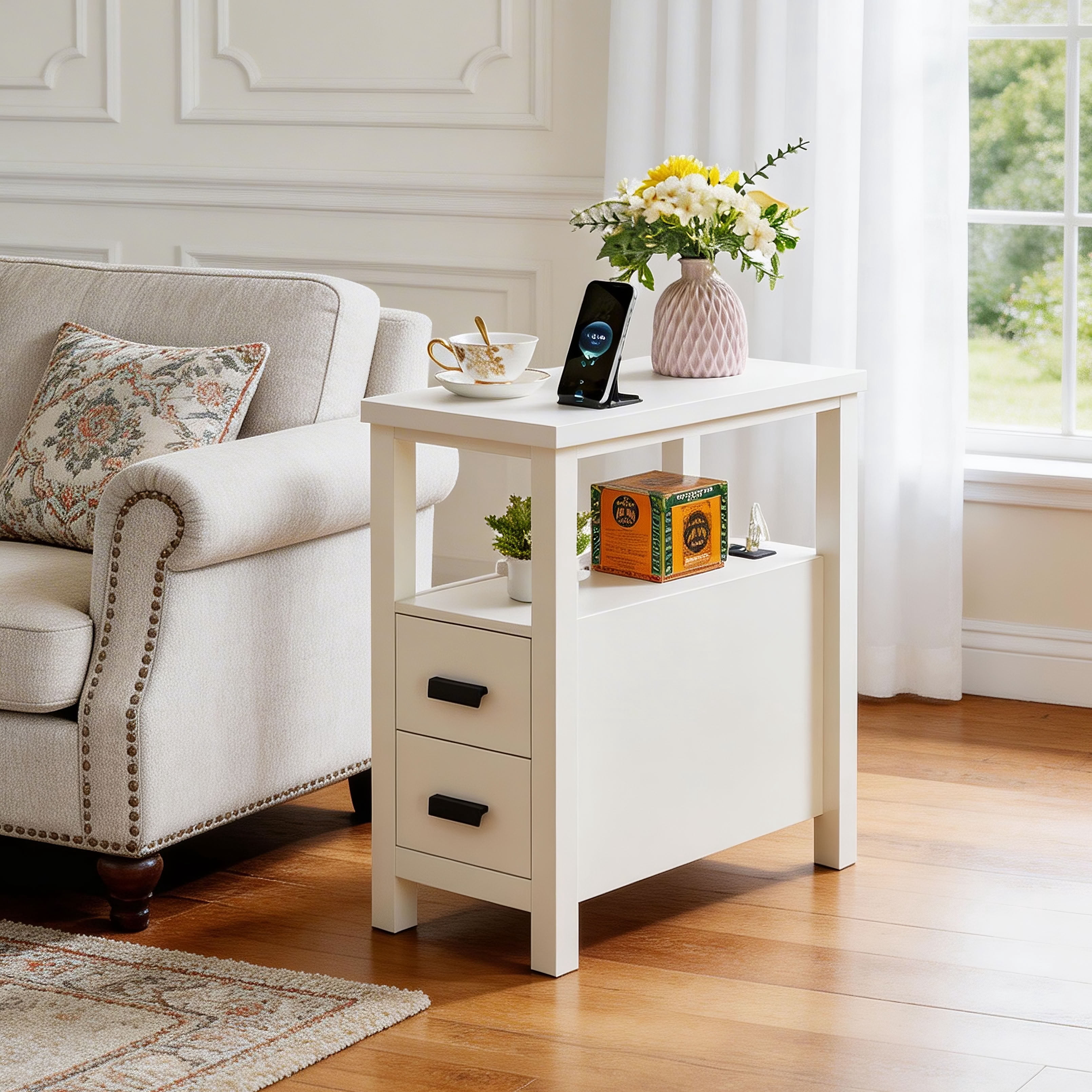 MAYEERTY Narrow End Table with Charging Station, Modern Side Table with 2 Drawers and Open Shelf, USB Ports, for Living Room Bedroom Small Spaces
