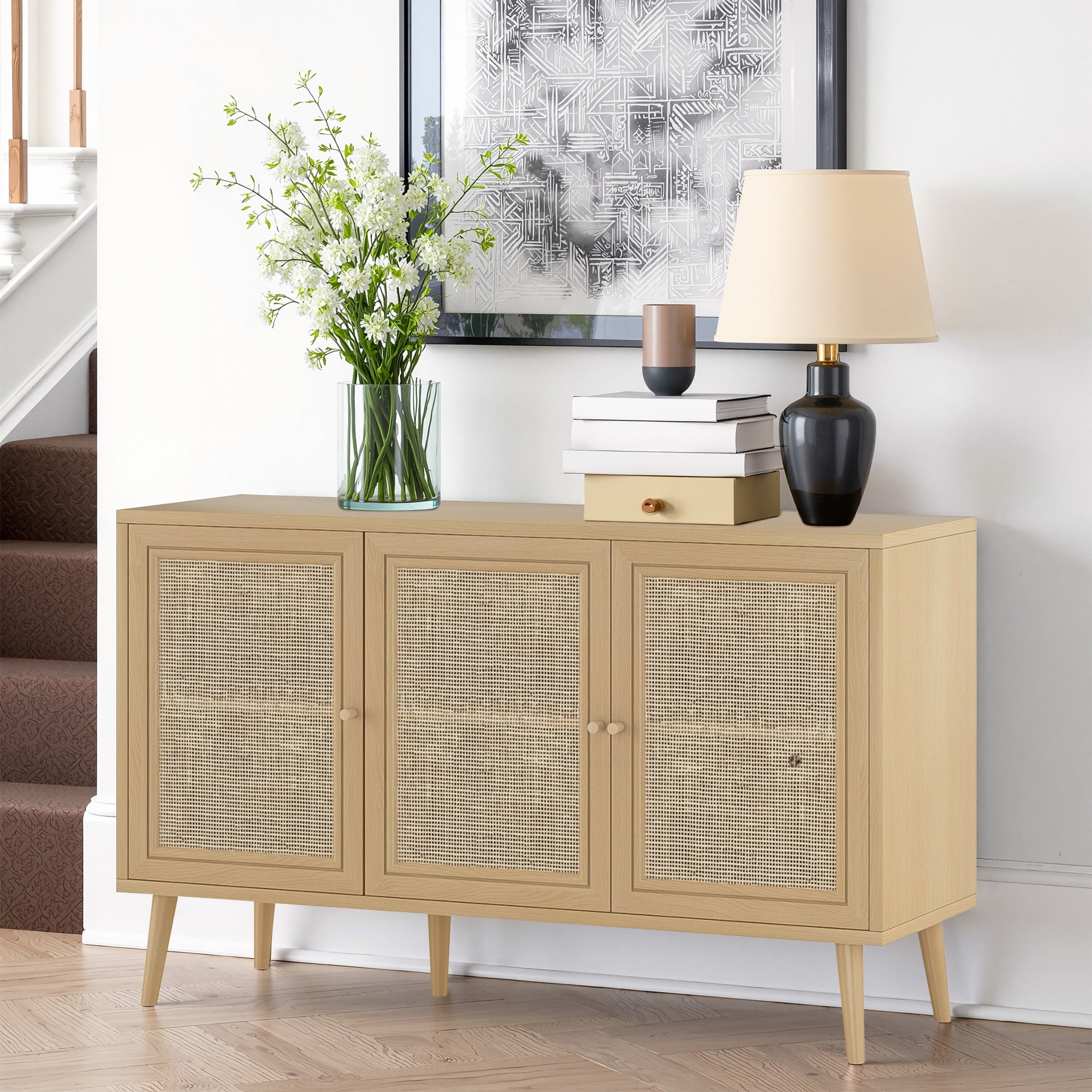 MAYEERTY Natural 47*15*28"Rattan-Fronted Sideboard Cabinet with 3 Doors for Dining Room & Entryway Storage