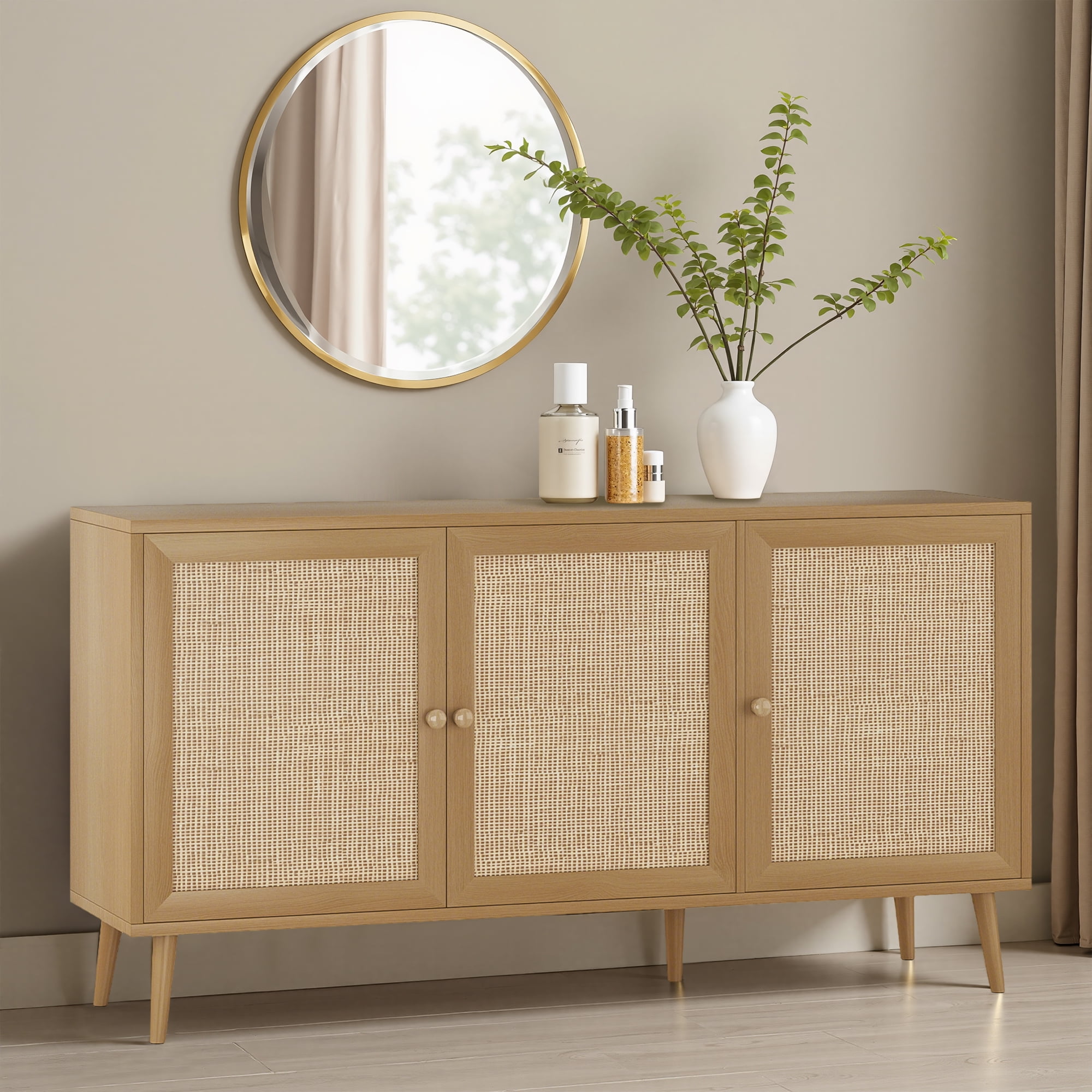 MAYEERTY Natural 59*15*31"Modern Sideboard Buffet Cabinet with 3 Rattan Doors for Living Room, Entryway