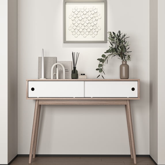 MAYEERTY Natural Entryway Console Table with Sliding Doors & Storage, Sofa Table for Hallway & Living Room