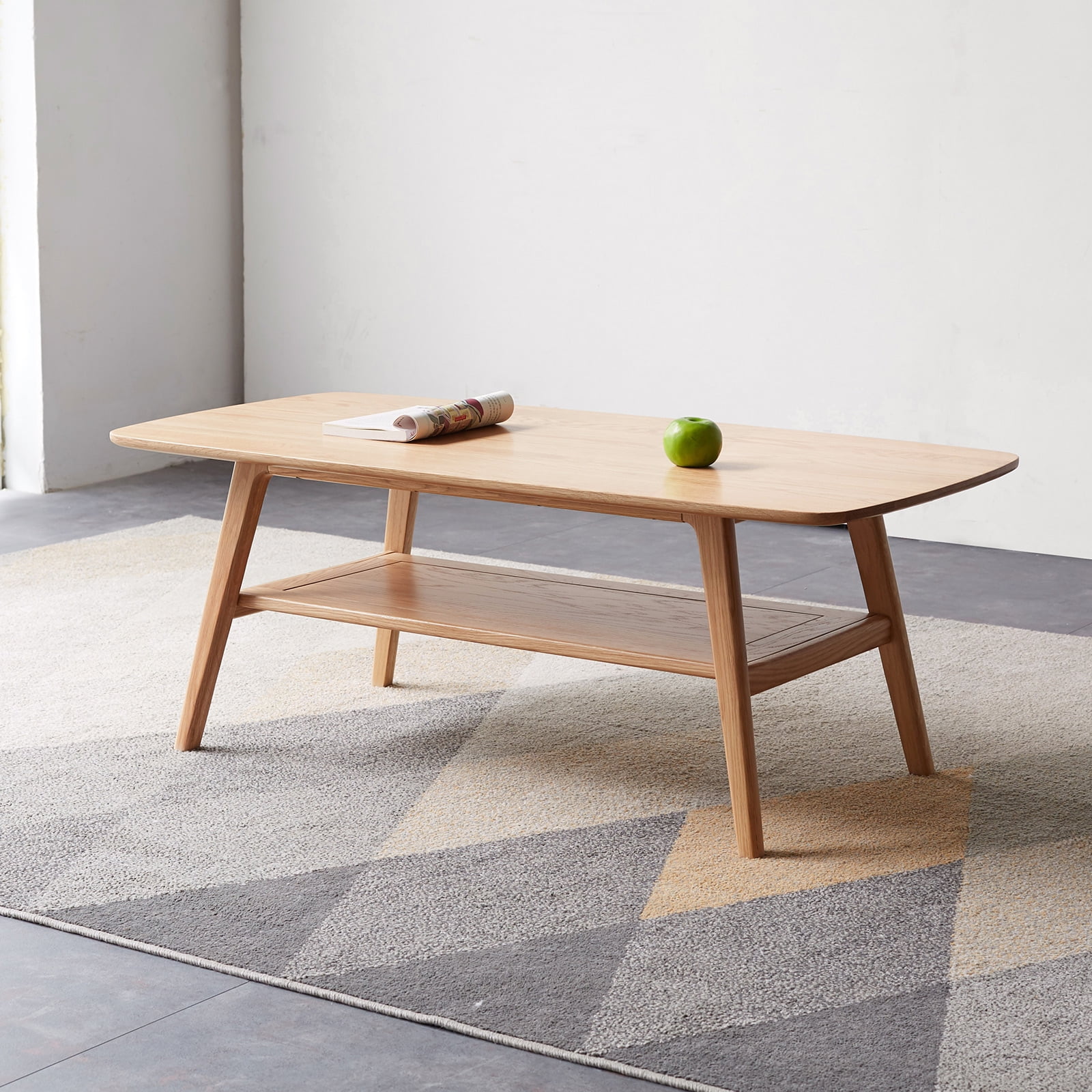 MAYEERTY Natural Oak Solid Wood Coffee Table with Storage Shelf – Modern Rectangular Center Table for Living Room & Home Office