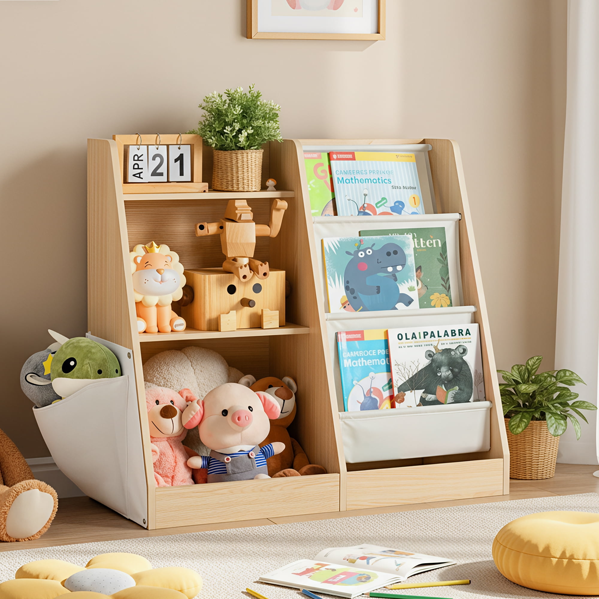 MAYEERTY Natural Wood Kids Bookshelf, 3-Tier Bookcase with Side Pocket, Children's Storage Organizer for Books & Toys