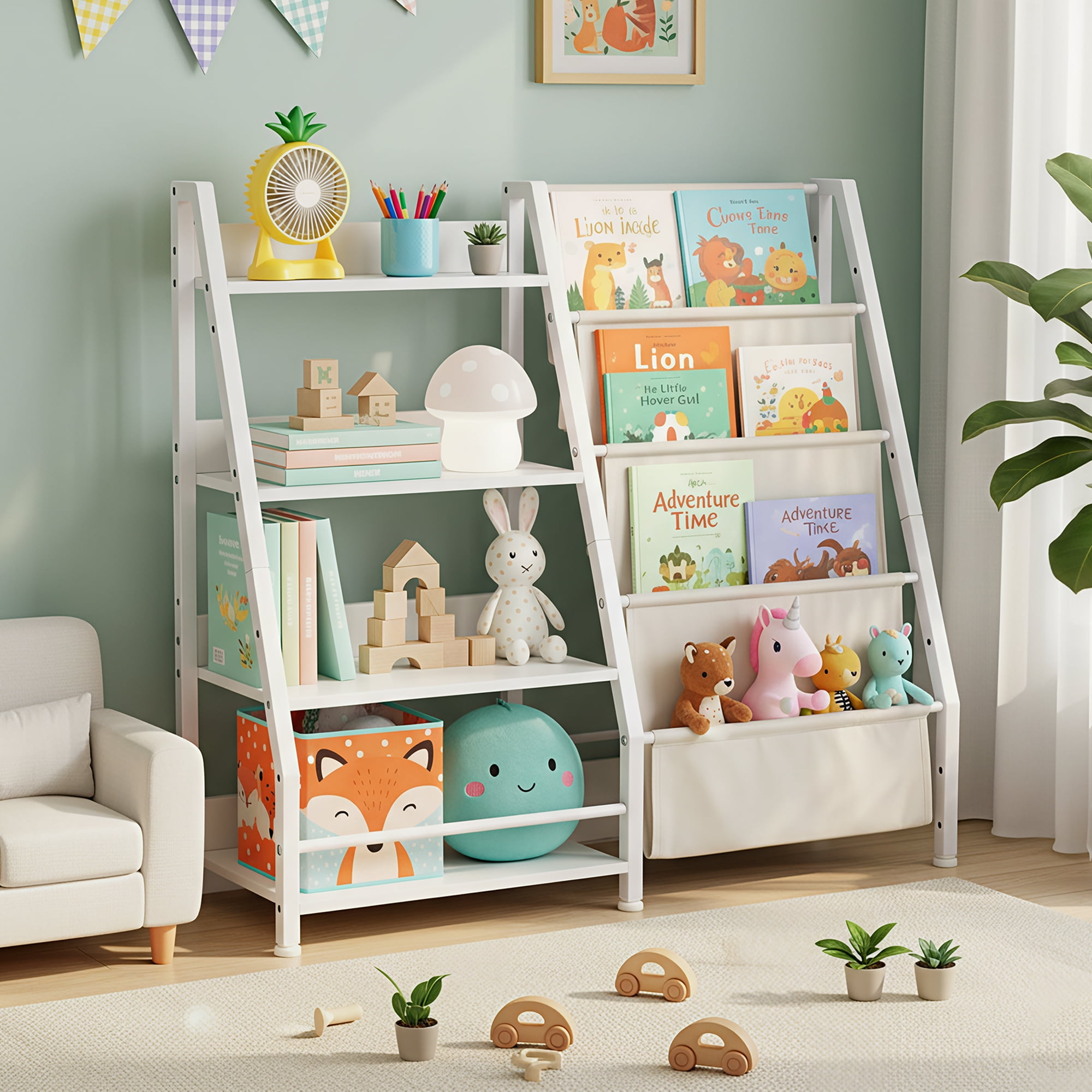 MAYEERTY Natural Wood Kids Bookshelf, 4-Tier Bookcase with Hanging Pockets, Children's Storage Organizer for Books & Toys