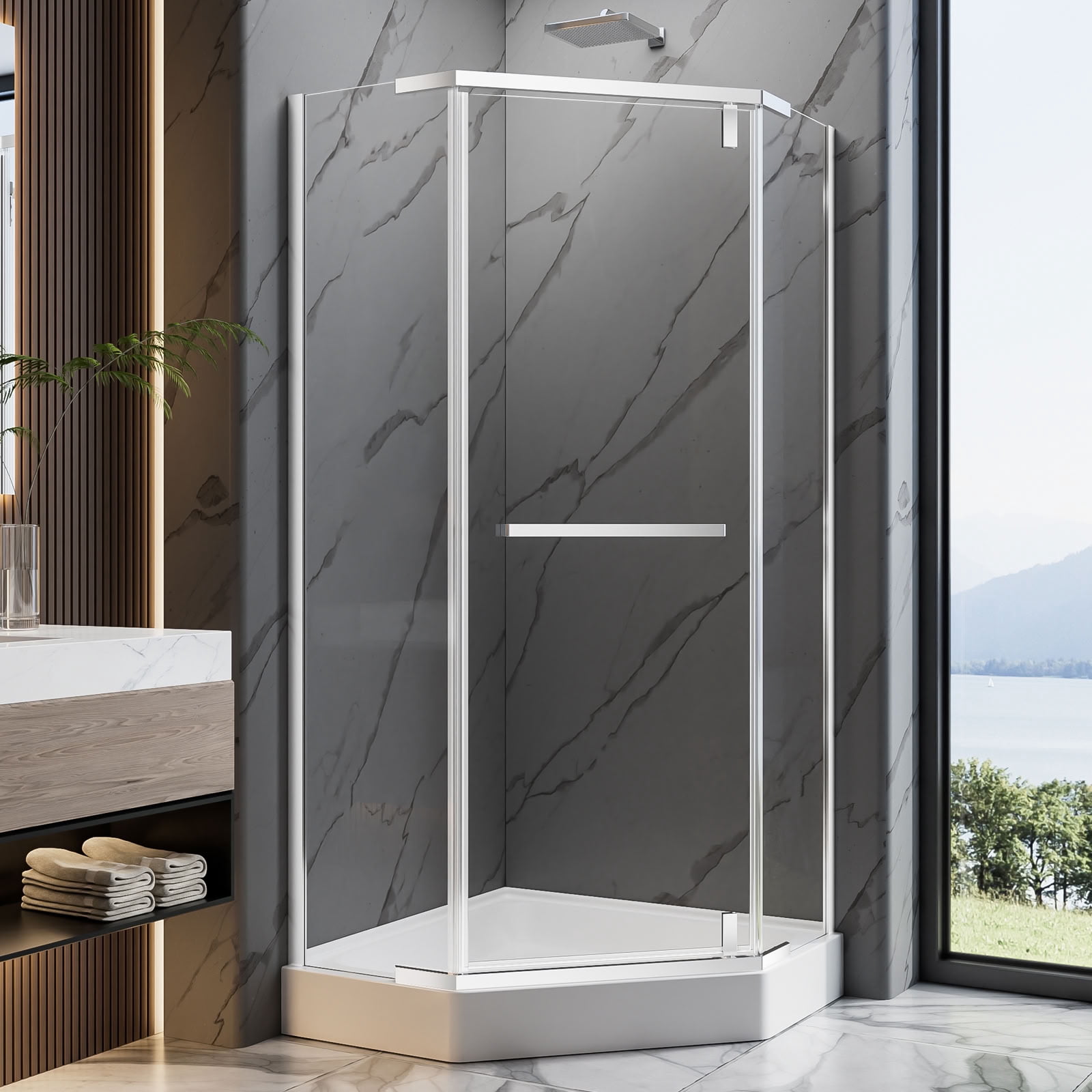 MAYEERTY Neo-Angle Shower Door, Chrome Stainless Steel Frame, 1/4" Tempered Glass with Explosion-Proof Film, Waterproof & Easy Installation