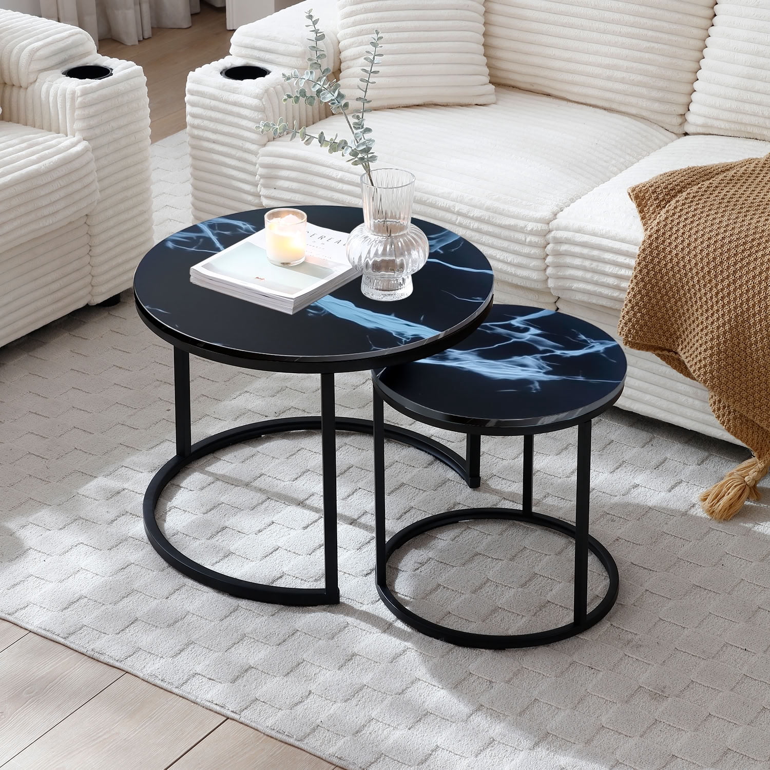 MAYEERTY Nesting Coffee Table Set of 2, Round Center Table with Metal Frame, Space Saving Accent Side Table for Living Room Bedroom Small Apartment
