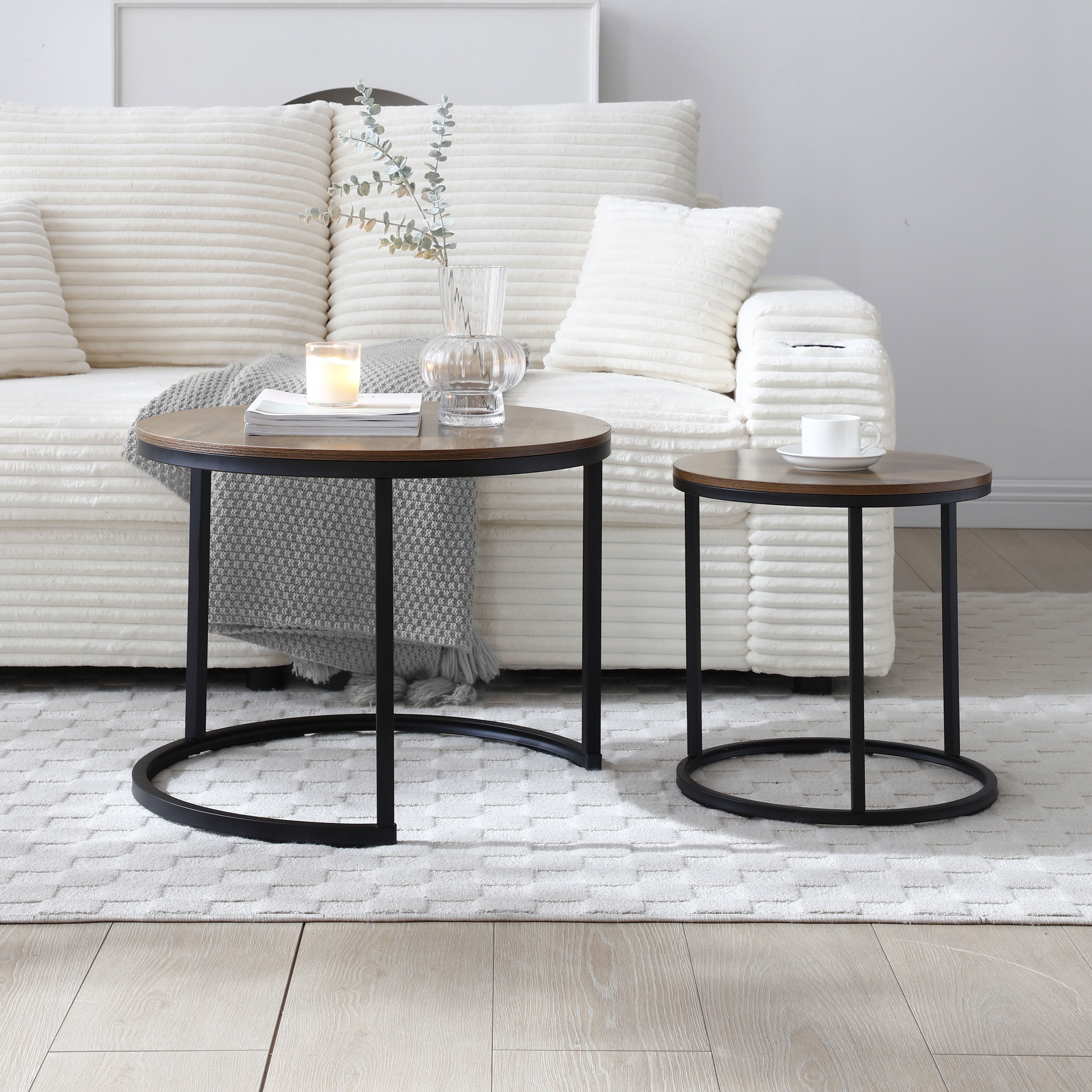 MAYEERTY Nesting Coffee Table Set of 2, Round Center Table with Metal Frame, Space Saving Accent Side Table for Living Room Bedroom Small Apartment