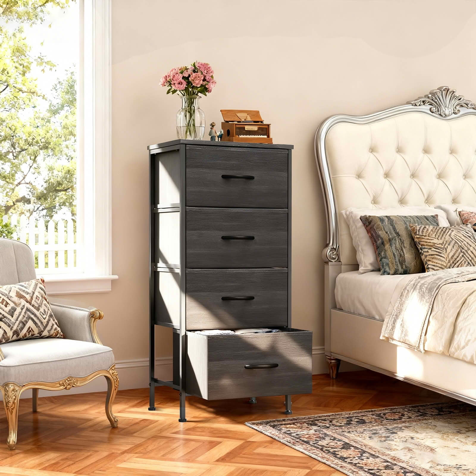 MAYEERTY Fabric Drawer Storage Cabinet with Wooden Top, Multifunctional Nightstand Dresser Sideboard Organizer for Bedroom Closet Hallway