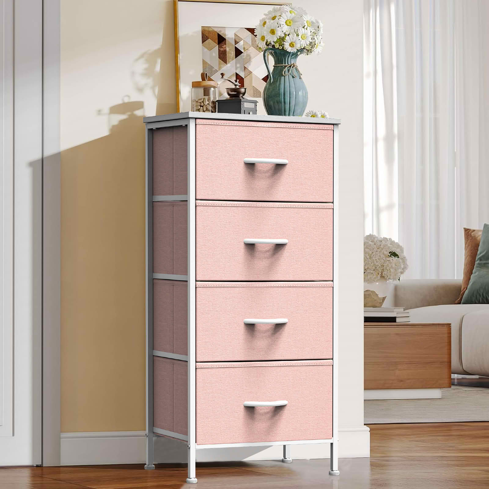 MAYEERTY Fabric Drawer Storage Cabinet with Wooden Top, Multifunctional Nightstand Dresser Sideboard Organizer for Bedroom Closet Hallway
