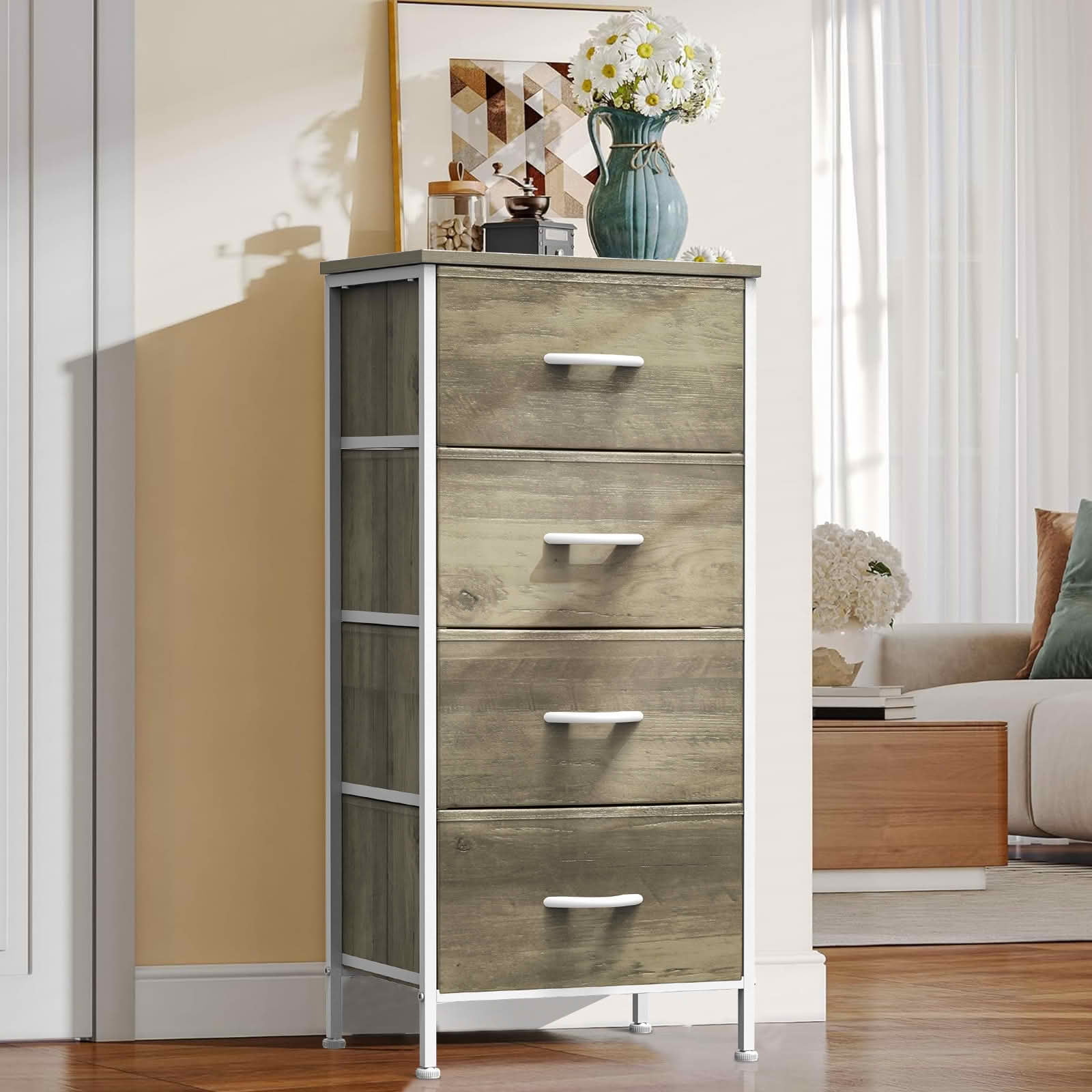 MAYEERTY Fabric Drawer Storage Cabinet with Wooden Top, Multifunctional Nightstand Dresser Sideboard Organizer for Bedroom Closet Hallway