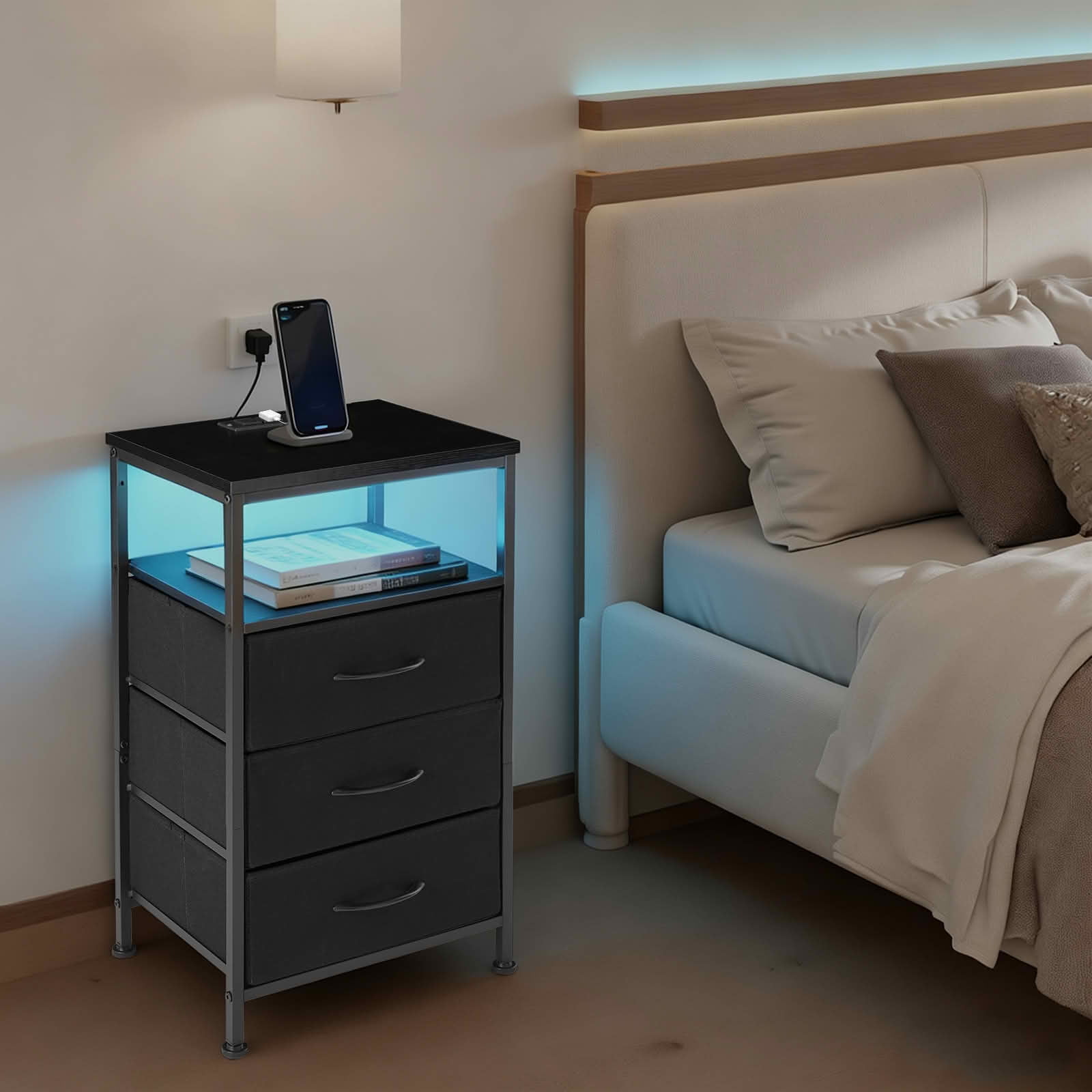 MAYEERTY Nightstand with Charging Station, 3 Fabric Drawers USB/Type-C Ports Outlets, Bedroom End Table，Black