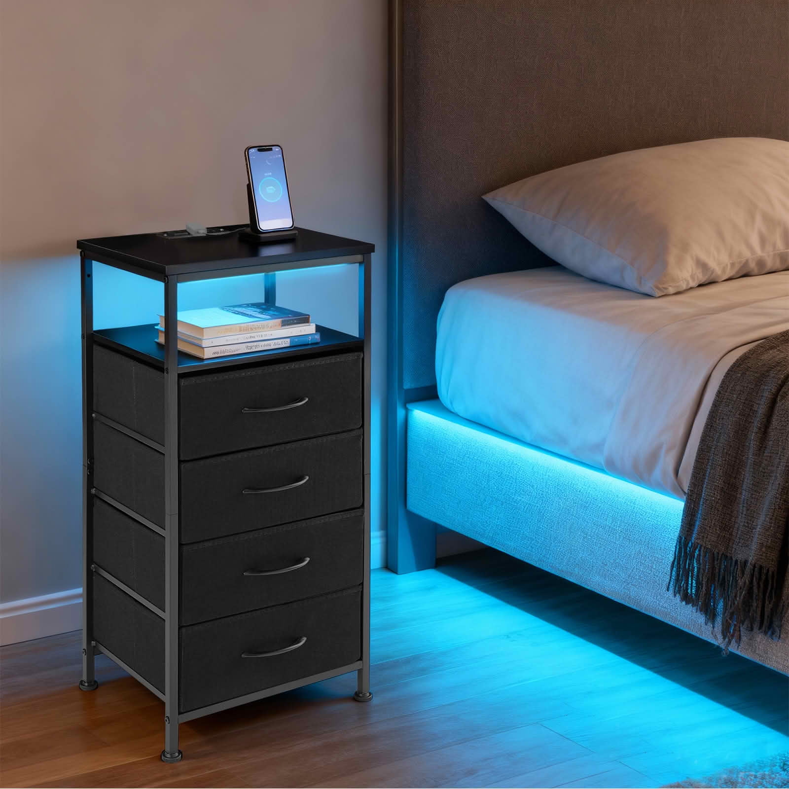 MAYEERTY Nightstand with Charging Station, 4 Fabric Drawers USB/Type-C Ports Outlets, Bedroom End Table，Black