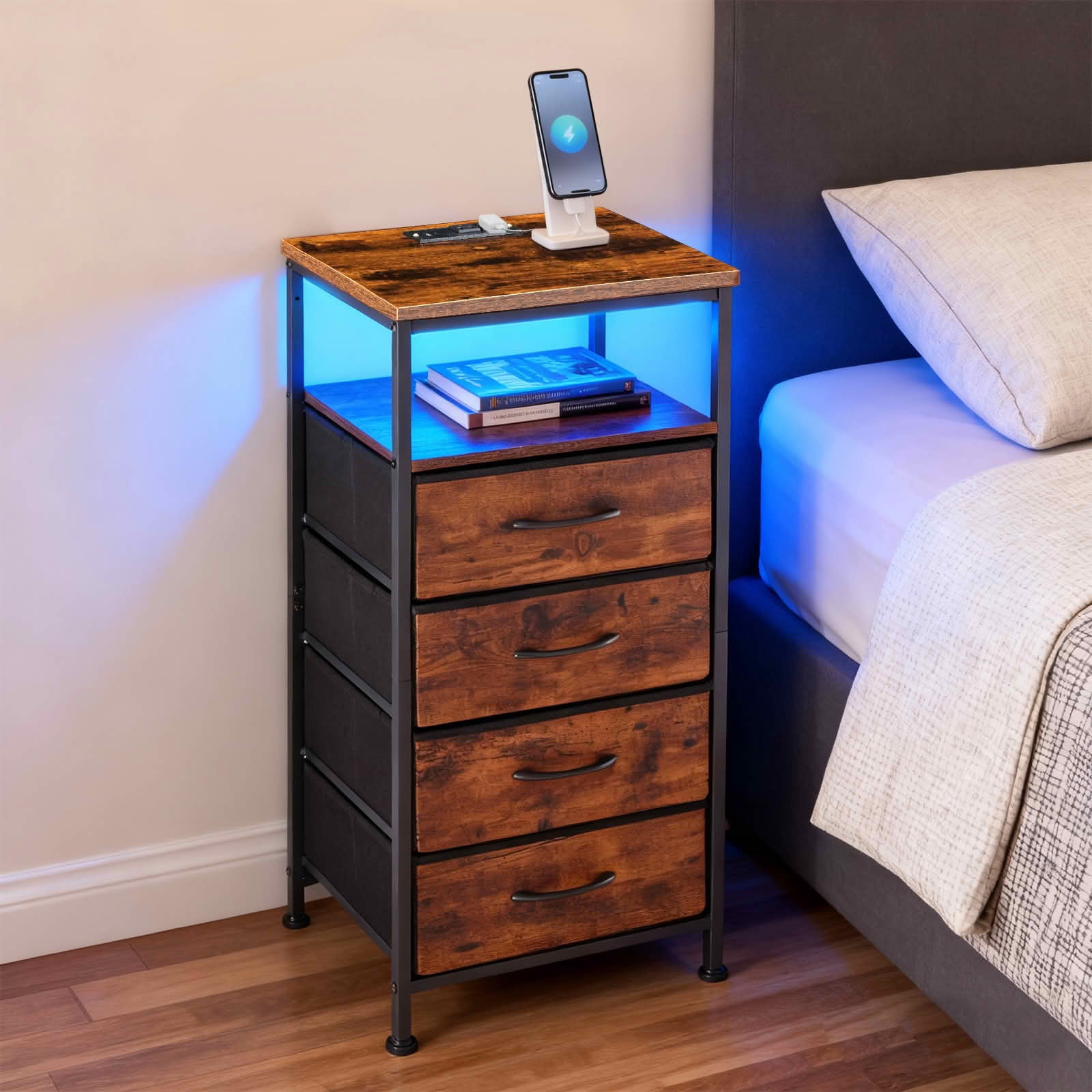 MAYEERTY Nightstand with Charging Station, 4 Fabric Drawers USB/Type-C Ports Outlets, Bedroom End Table，Rust