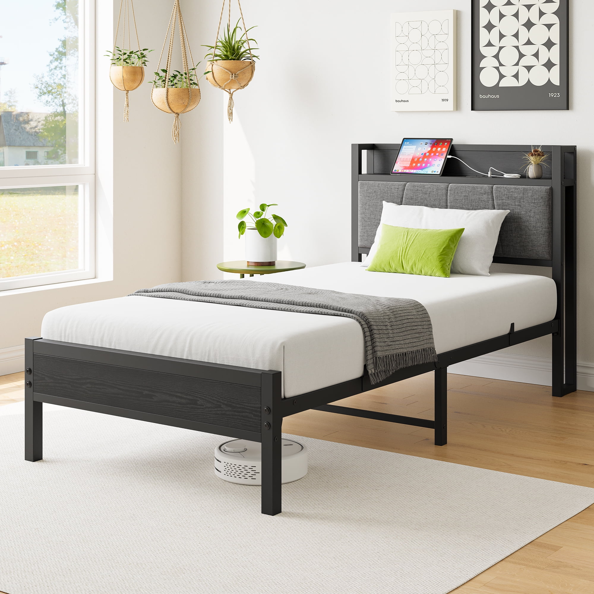 MAYEERTY Noise-Free Twin Bed Frame: Storage Headboard, Charging Station & Easy Assembly​