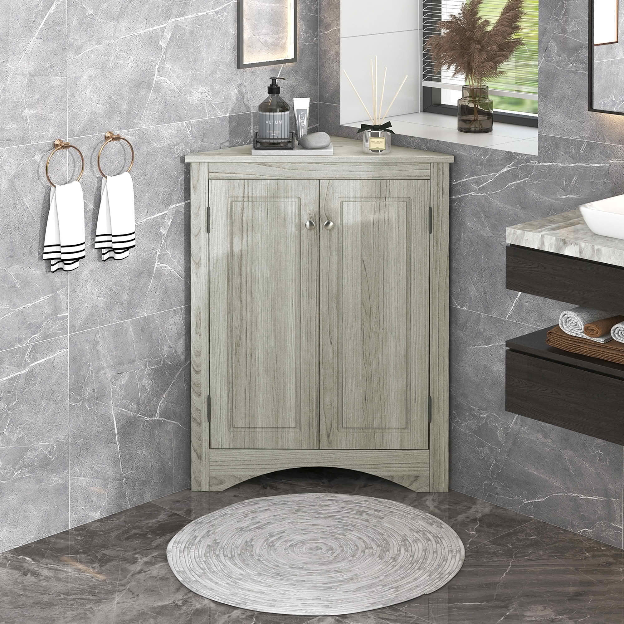 MAYEERTY Oak Triangle Bathroom Cabinet Adjustable Shelves Freestanding Floor Cabinet