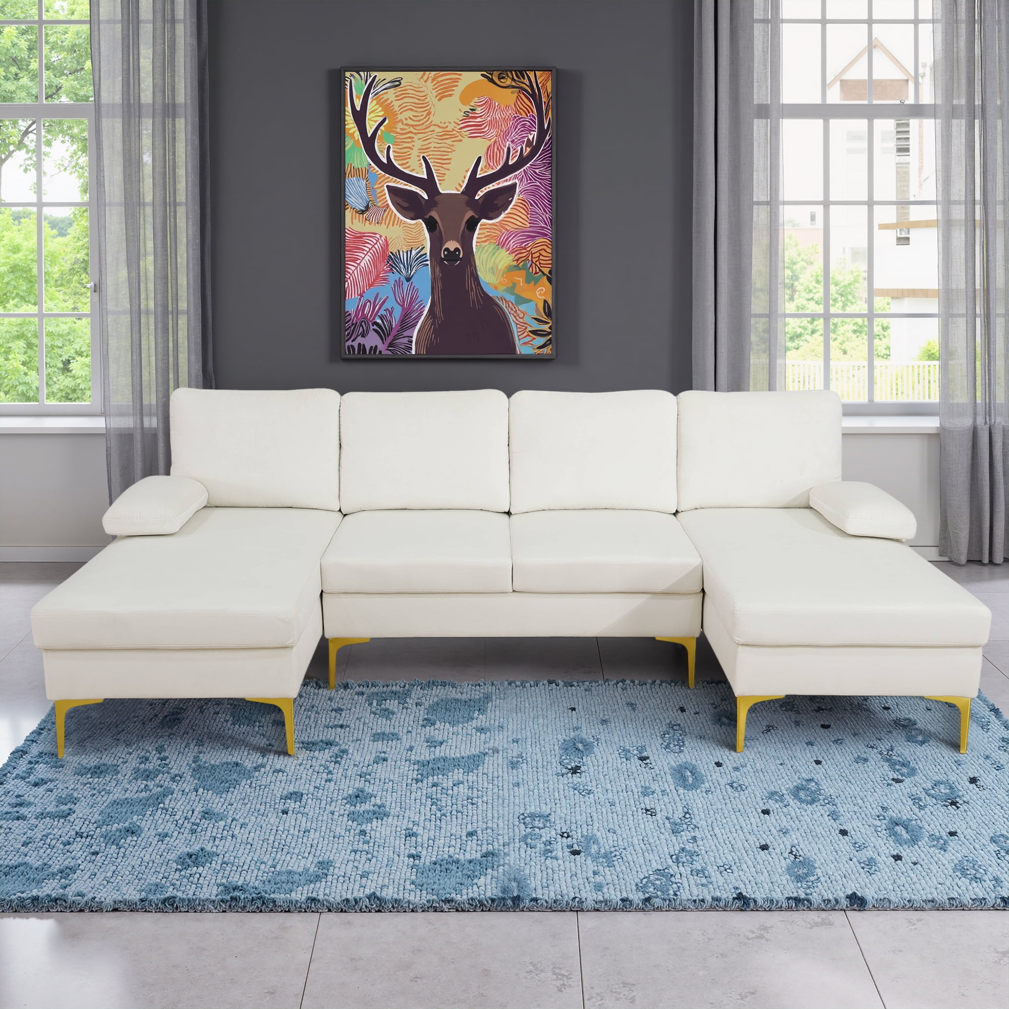 MAYEERTY Off-white Fluffy Fabric U-shaped 3-Piece Living Room Sofa set