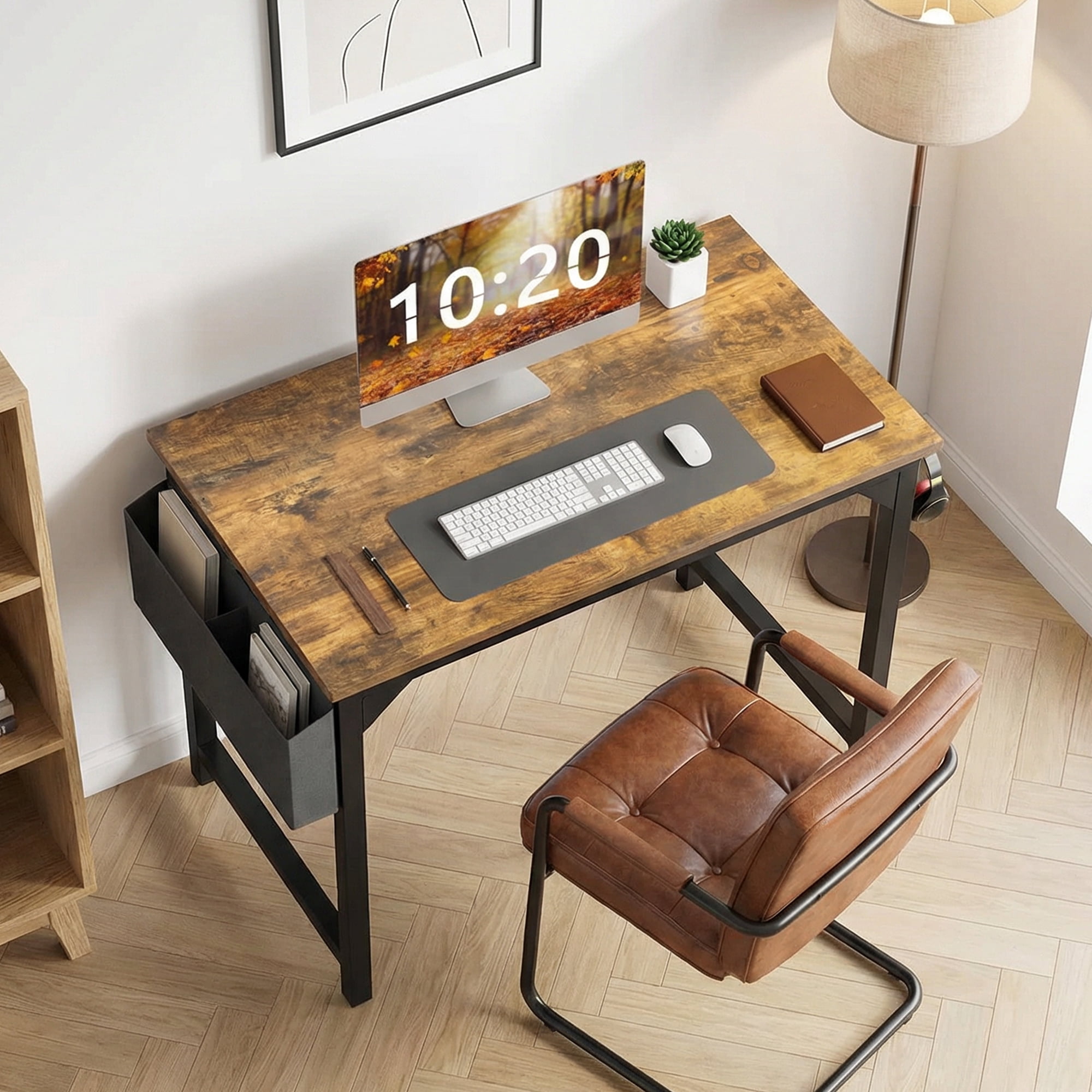 MAYEERTY Office Computer Desk, Fabric Storage Bag, Sturdy Steel Frame & Wooden Tabletop