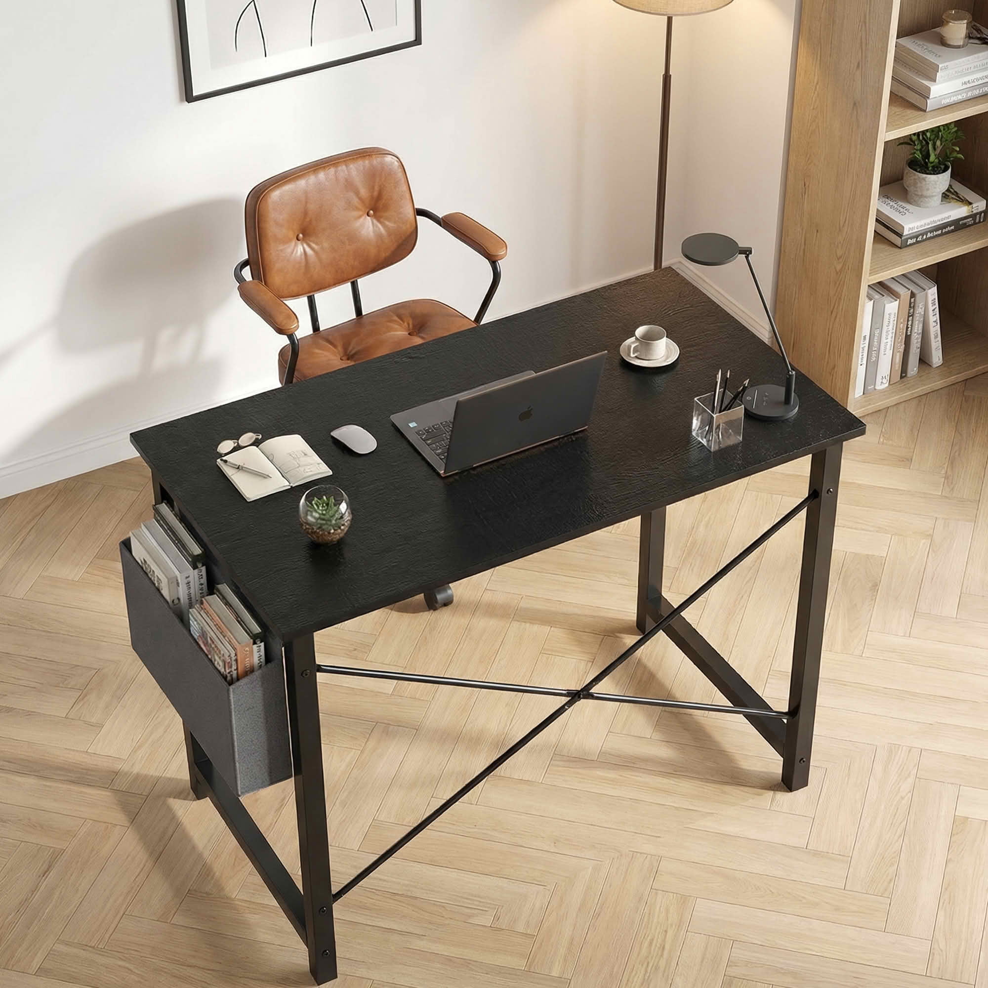 MAYEERTY Office Computer Desk, Fabric Storage Bag, Sturdy Steel Frame & Wooden Tabletop