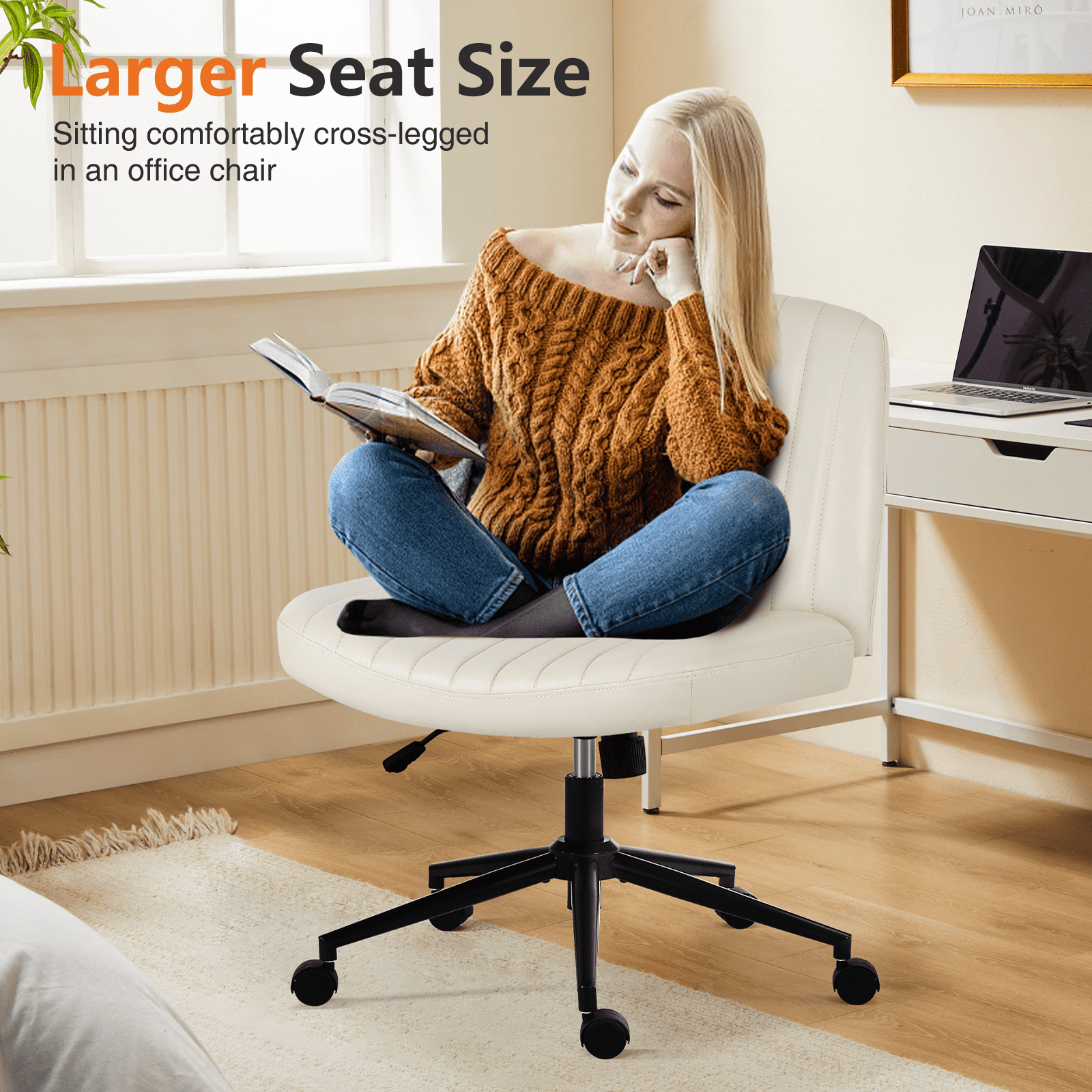 MAYEERTY Office Desk Vanity Chair Cross Legged Armless Swivel Fabric Height Adjustable Wide Seat with Replaceable Wheels/Fixed Base, Comfy Task Chair Padded
