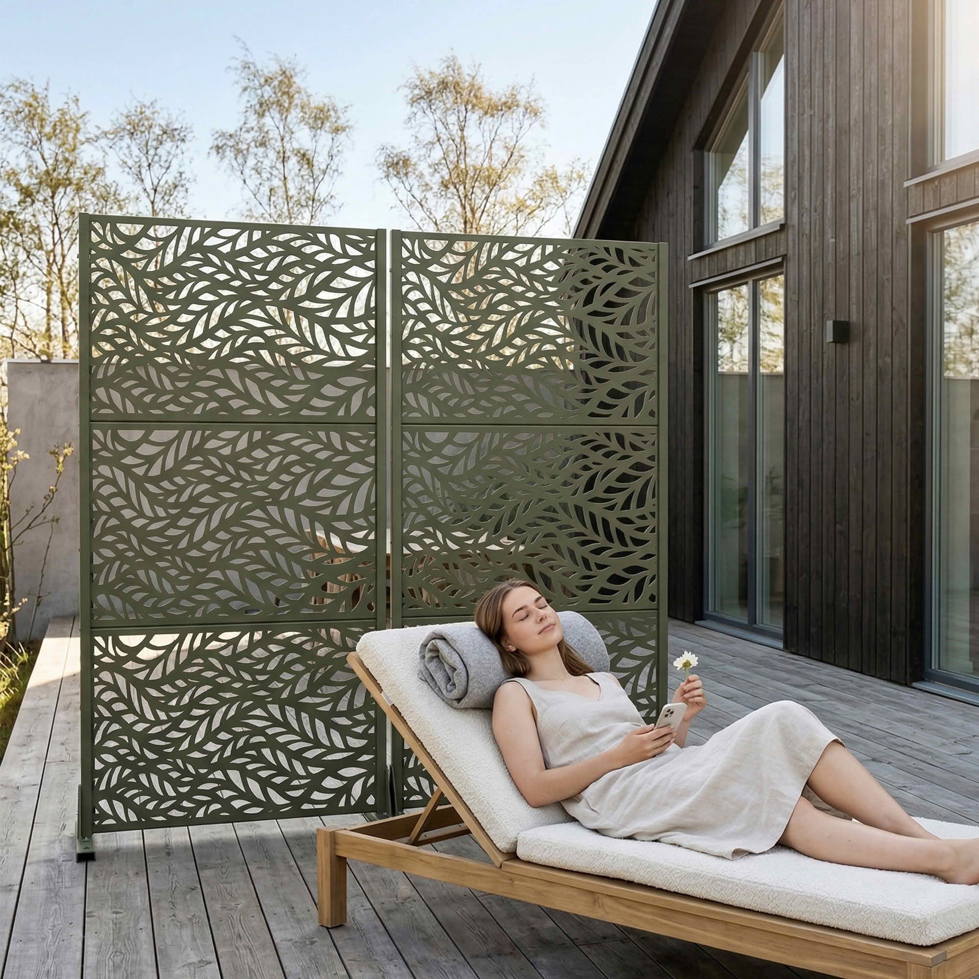MAYEERTY Olive Grey Rectangular Galvanized Metal Privacy Screen, Outdoor Garden Patio, 59×30×16in, 3 Panels