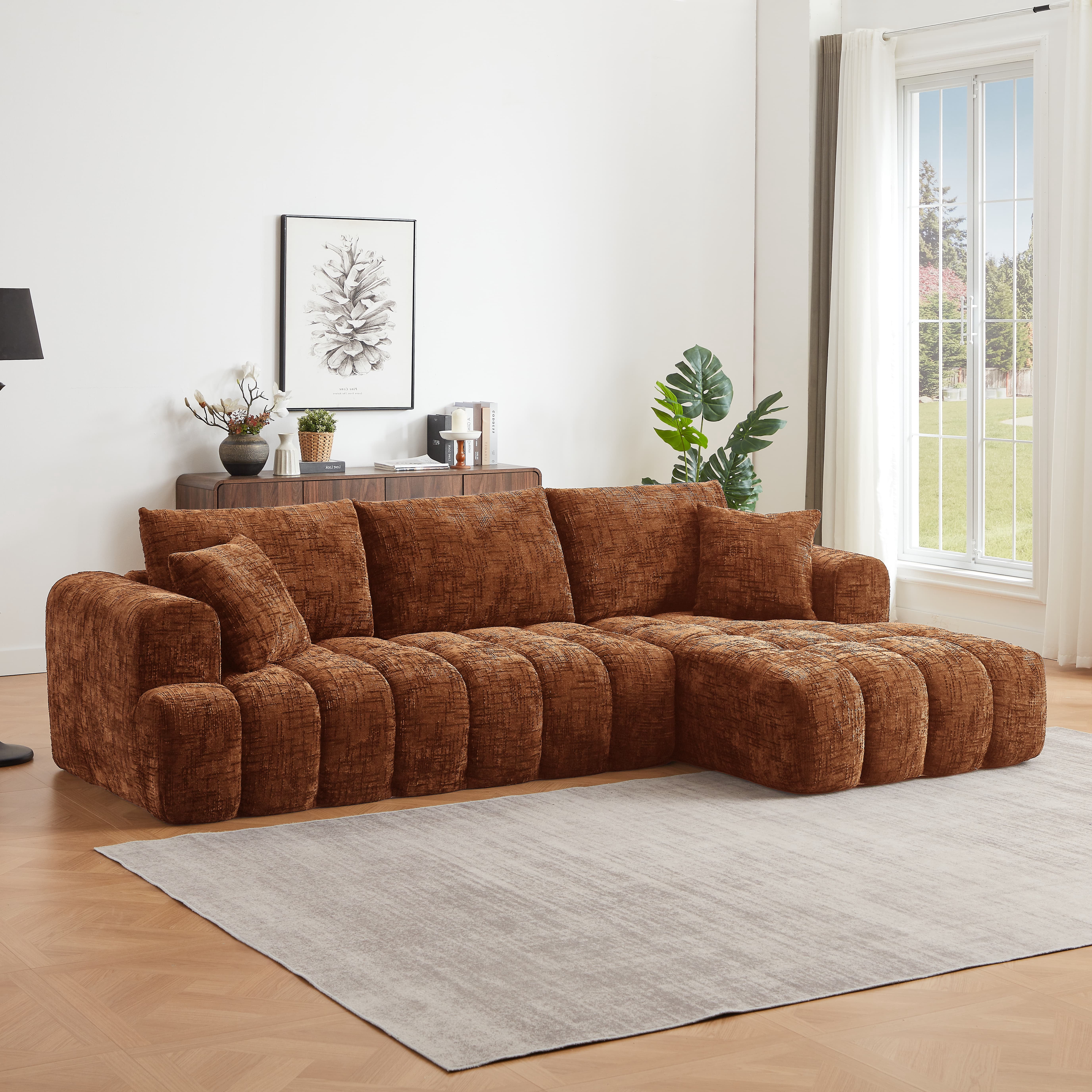 MAYEERTY 108.3" Orange Chenille L-Shaped Modular Sectional Sofa, Pocket Spring No Assembly Couch for Living Room Apartment