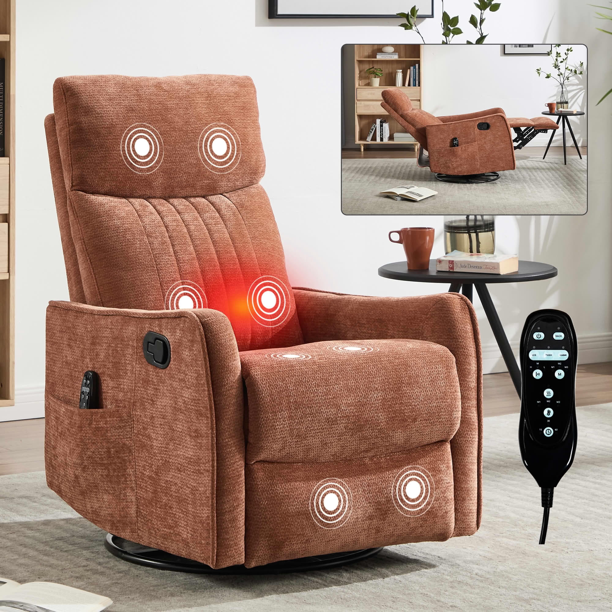 MAYEERTY Orange Chenille Heat Massage Recliner Chair, 360° Swivel Rocker for Living Room