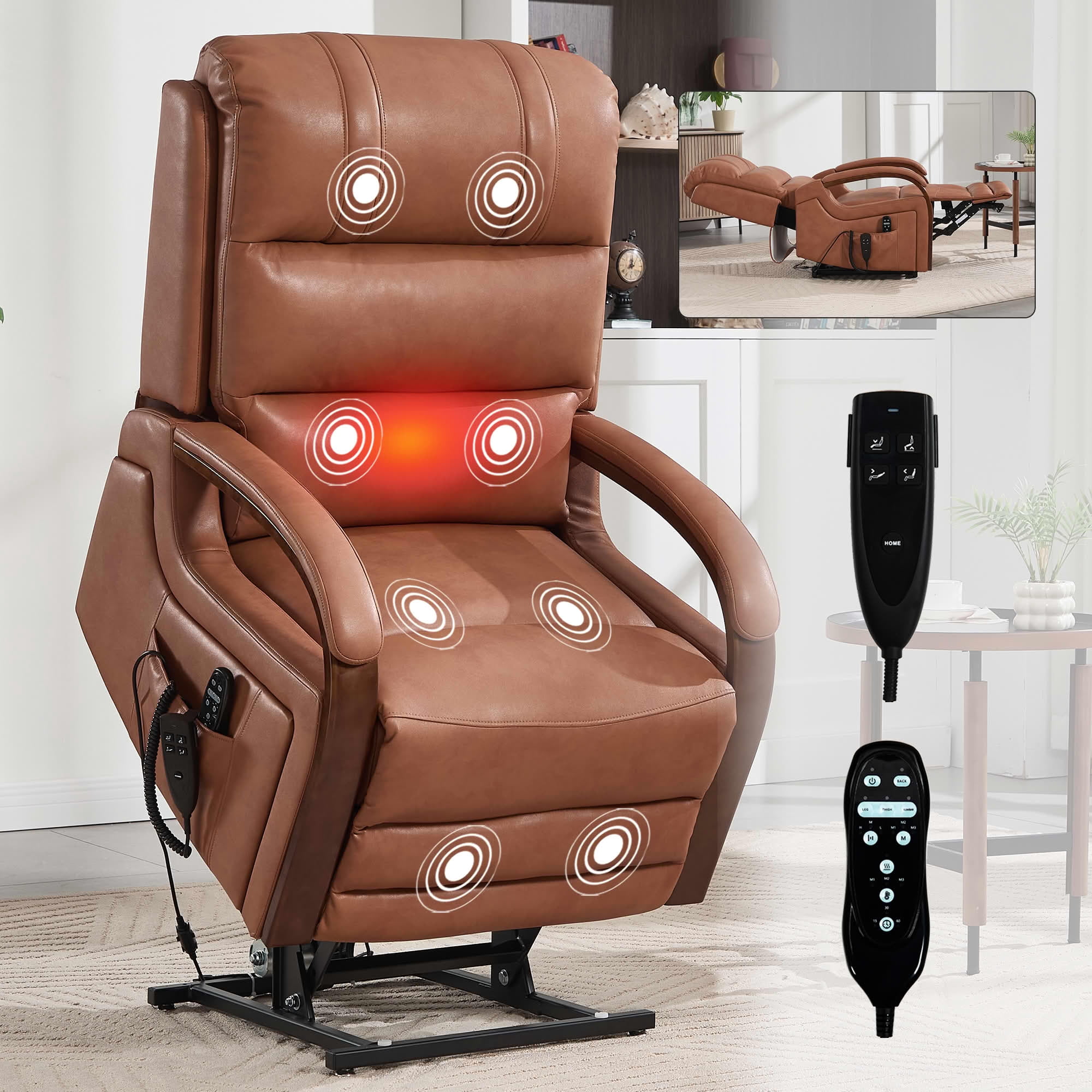 MAYEERTY Orange Leatheraire Dual Motor Power Lift Recliner, 350lbs Solid Wood Armrest Massage Heat 30"x36"x43" for Elderly