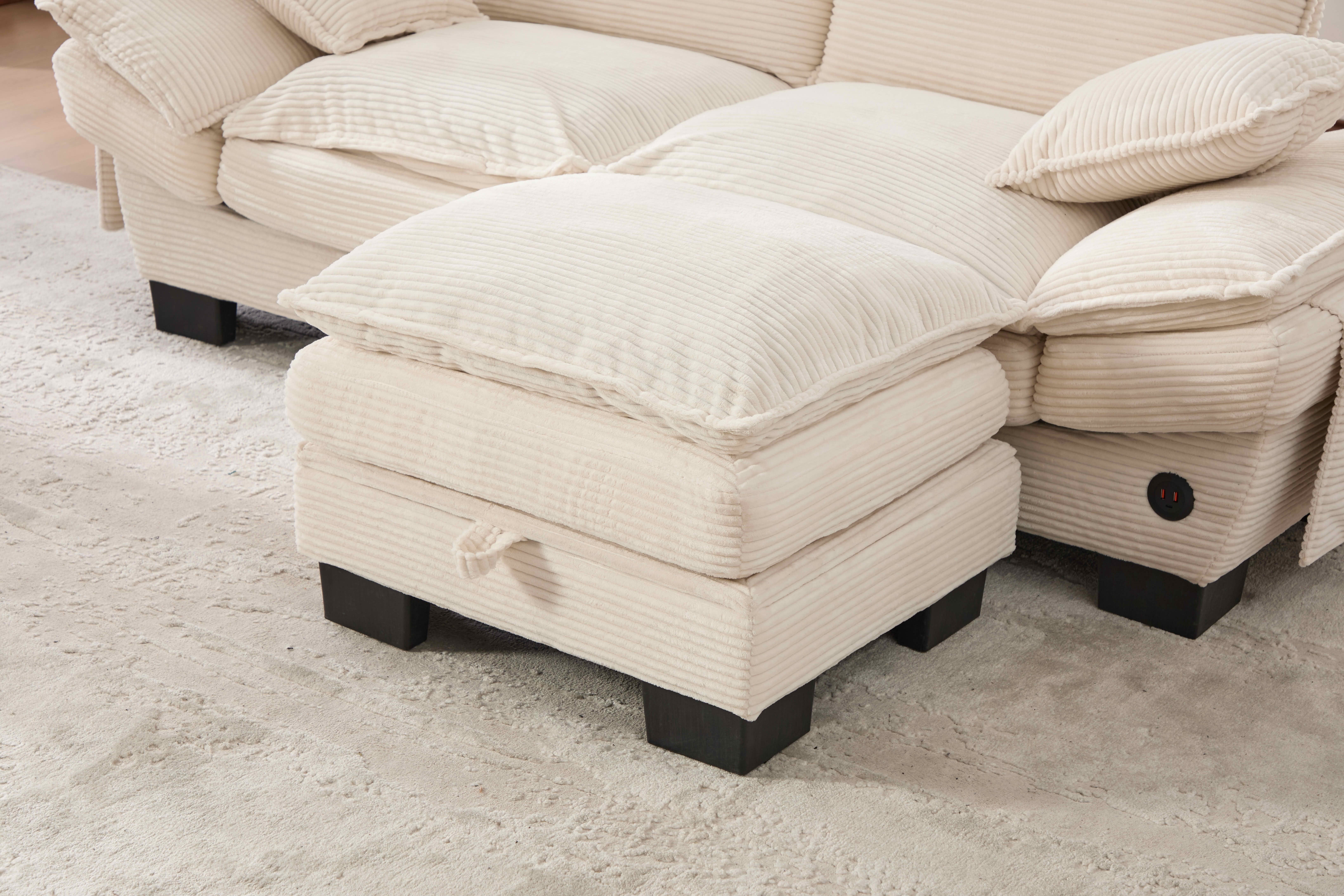 MAYEERTY Ottoman Footstool, Modular Cloud Sofa Footrest with Storage, Soft Corduroy, No Assembly, Beige