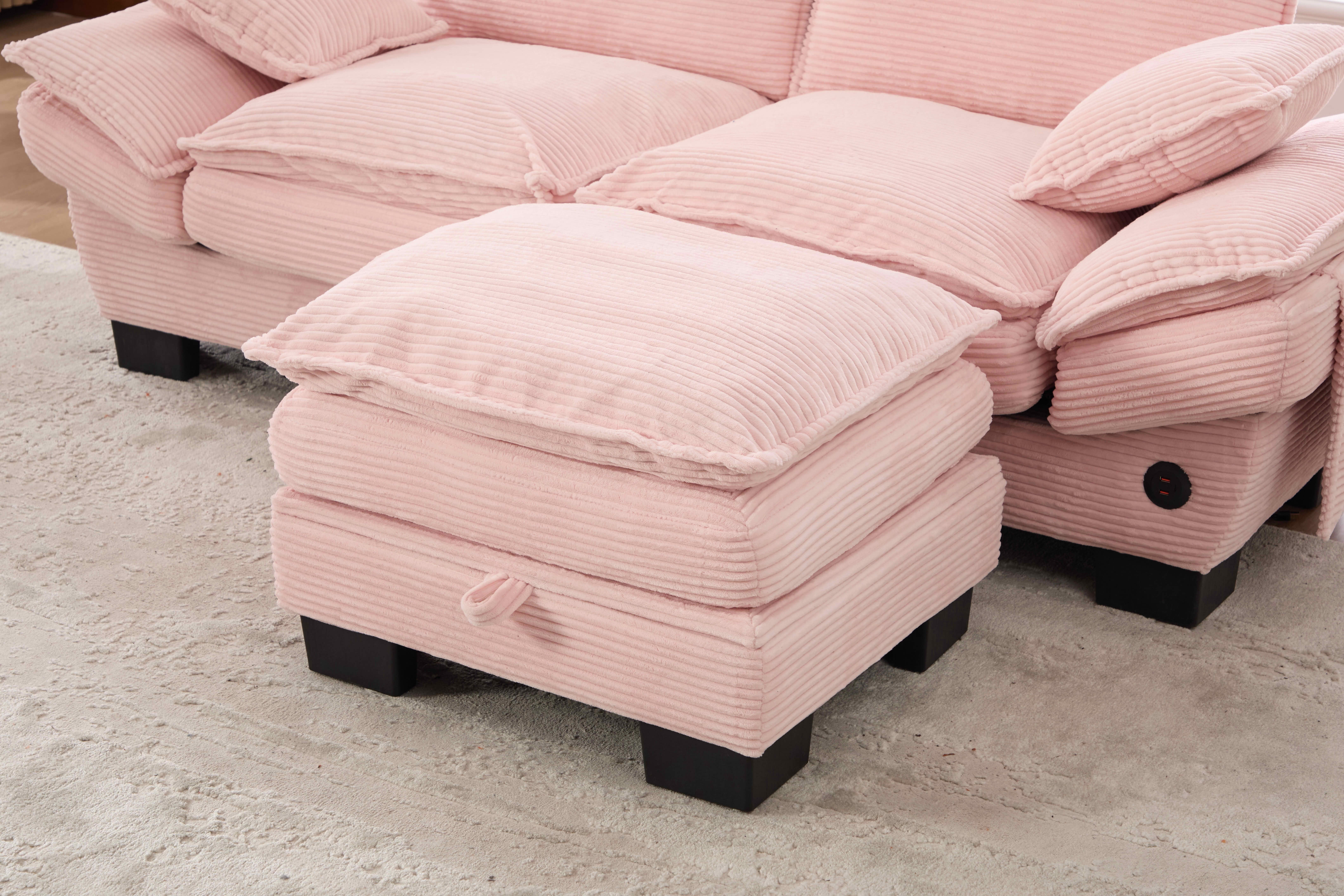 MAYEERTY Ottoman Footstool, Modular Cloud Sofa Footrest with Storage, Soft Corduroy, No Assembly, Pink