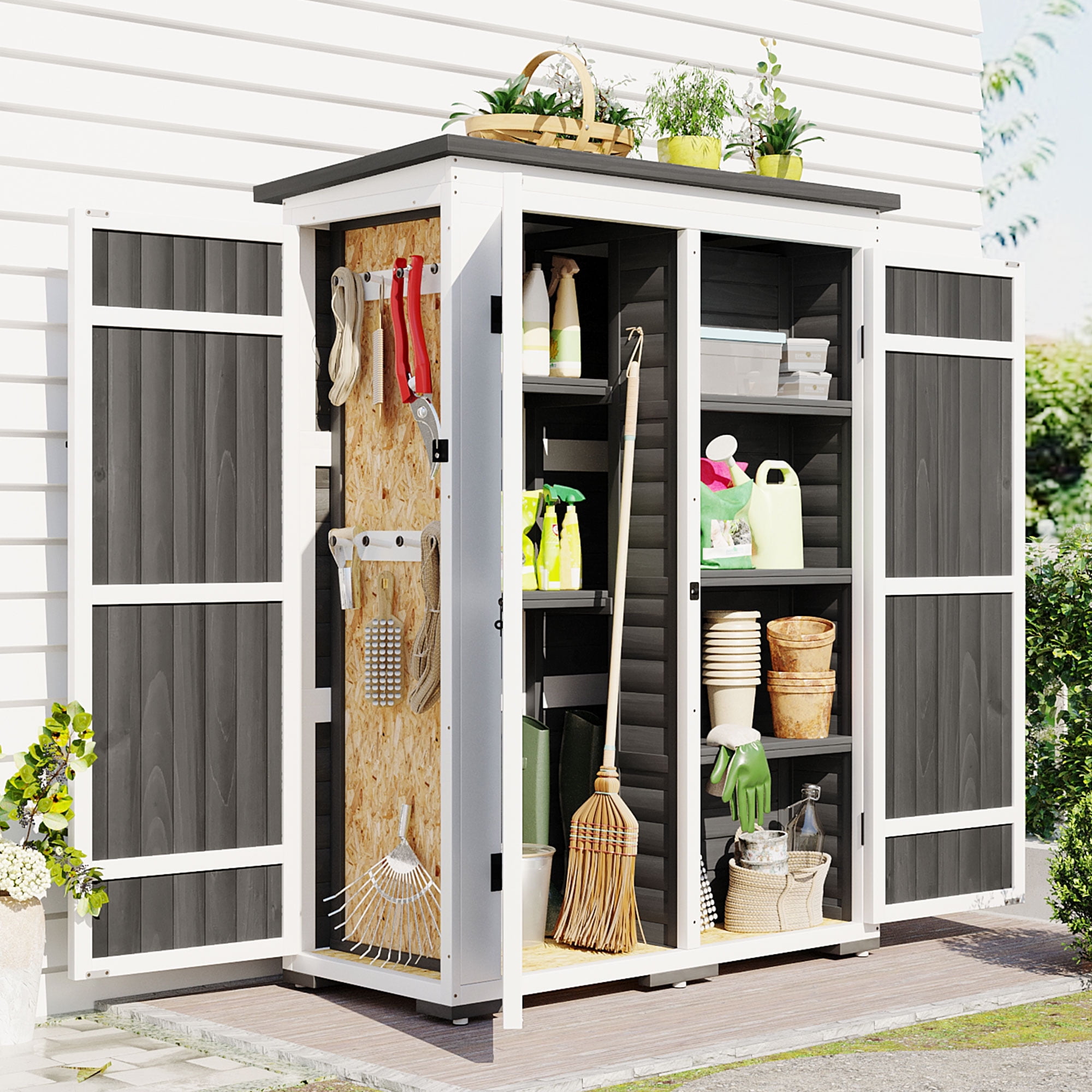 MAYEERTY Outdoor 5.5ft Wood Storage Shed with Lockable Doors, Multi-Shelf Garden Tool Cabinet with Waterproof Roof
