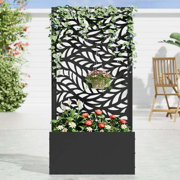 MAYEERTY Outdoor Black Metal Planter Box with Trellis for Climbing Plants, Raised Garden Bed, Flowing Leaf Pattern,241147"