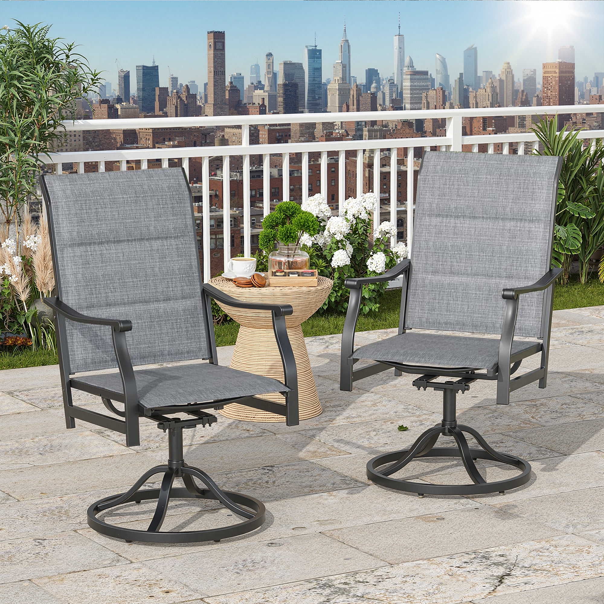 MAYEERTY 2-Piece Outdoor Swivel Dining Chairs with Padded Textilene Fabric for Backyard & Patio, Gray