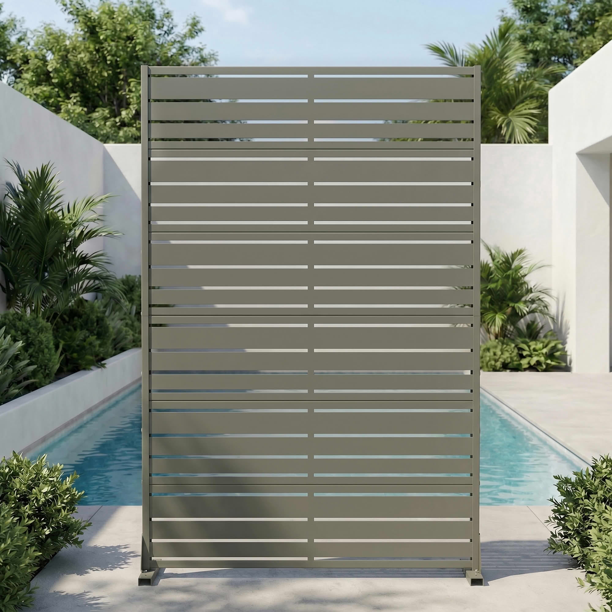 MAYEERTY Outdoor Gray Olive Privacy Fence Panel, 72"x47" Metal Louvered Screen with Wide-1 Narrow-2 Slats, Freestanding for Backyard Balcony