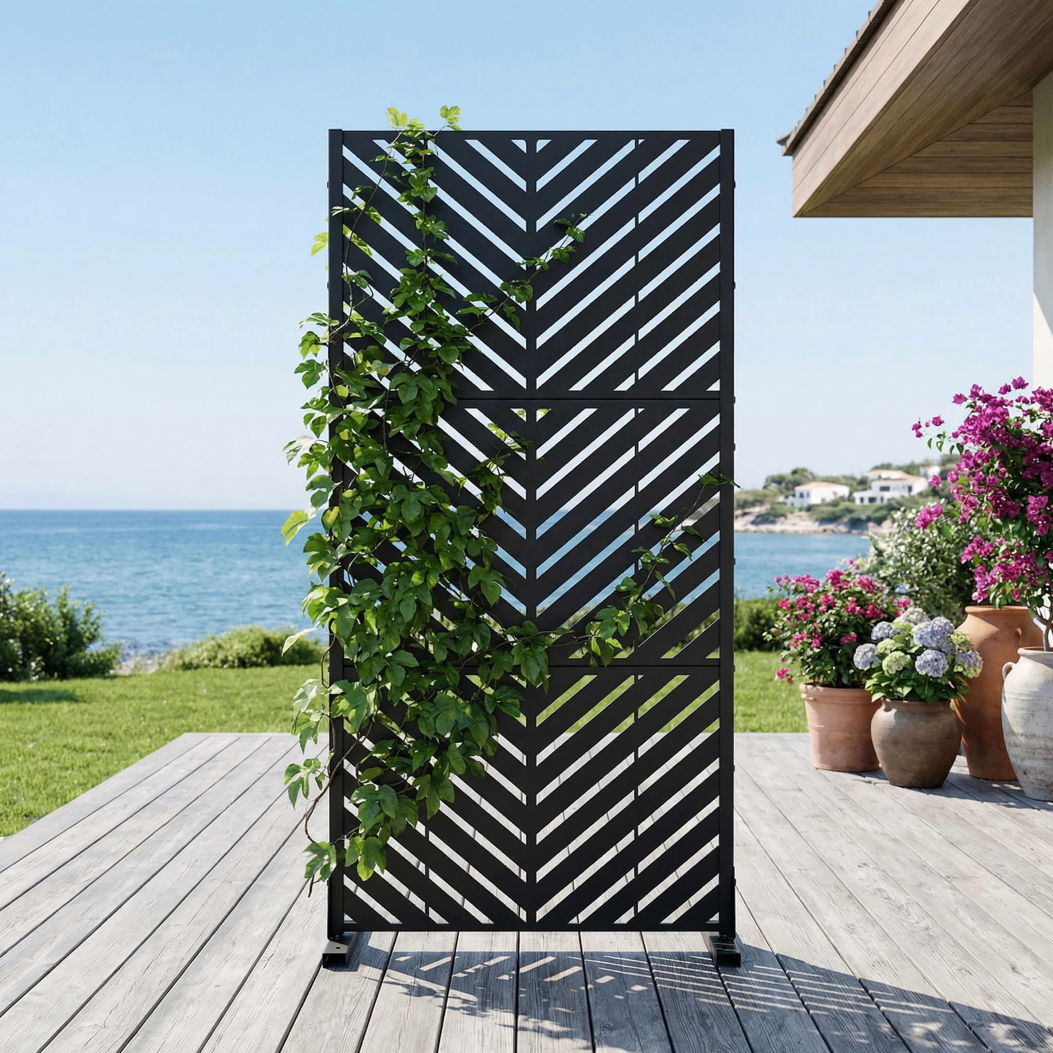 MAYEERTY Outdoor Metal Privacy Screen 5ft Black, 3-Panel Parallel Decorative Screen, Rust-Resistant for Patio