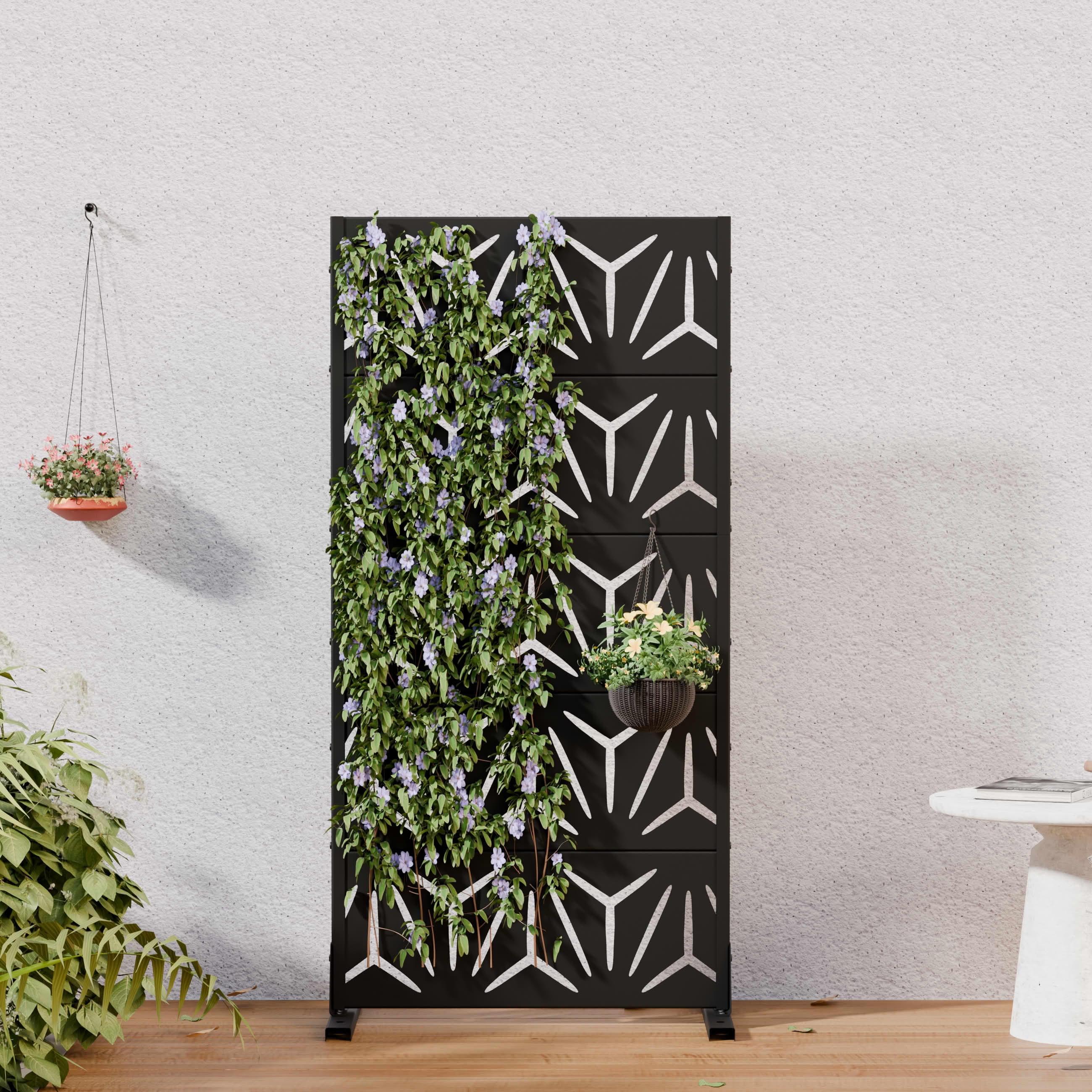 MAYEERTY Outdoor Metal Privacy Screen 5ft Black, 5-Panel Geometric Y ...