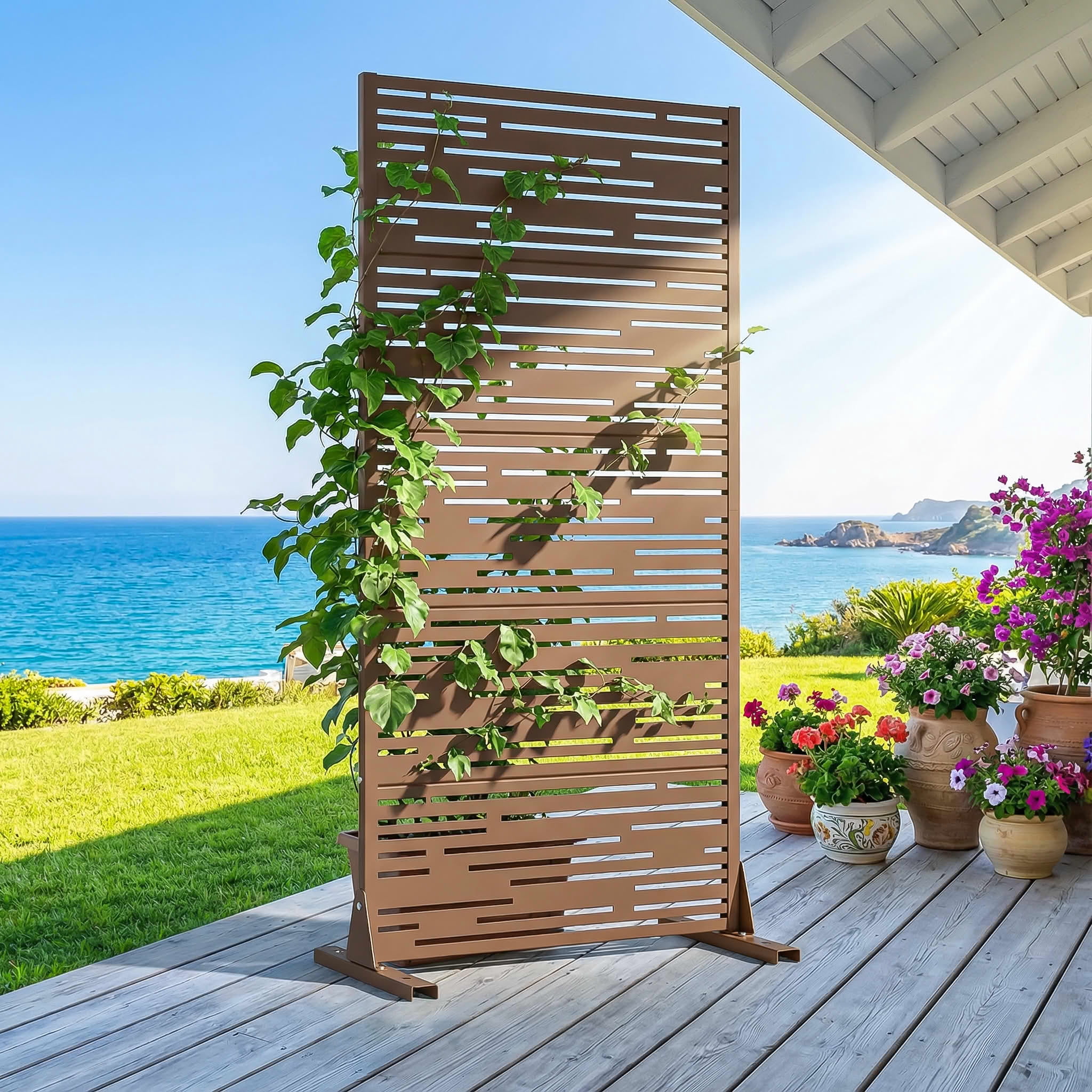 MAYEERTY Outdoor Metal Privacy Screen 5ft Brown, 5-Panel Light & Shadow Pattern, Rust-Resistant for Garden