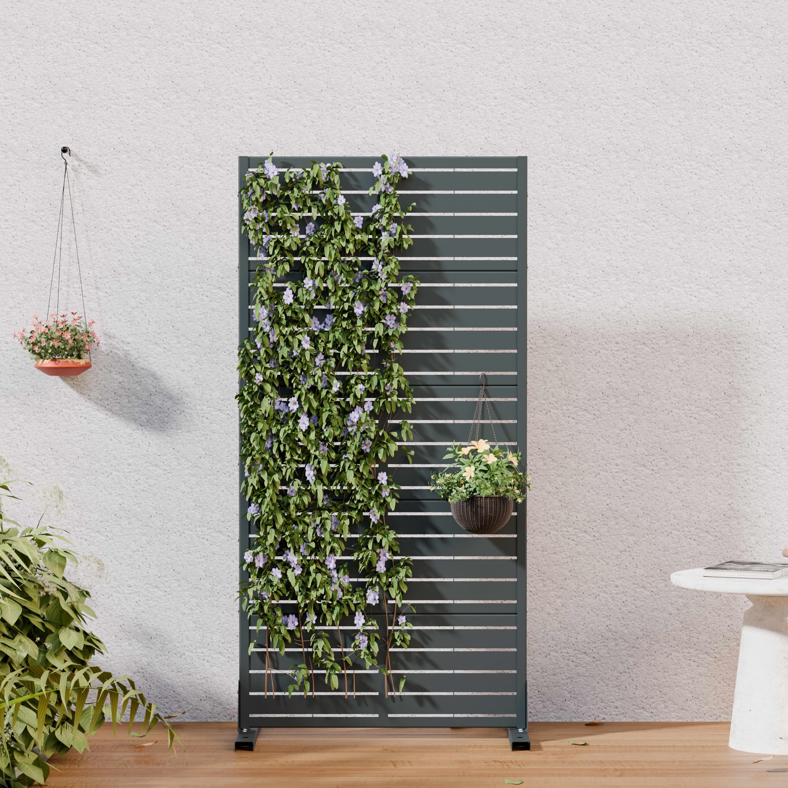 MAYEERTY Outdoor Metal Privacy Screen 5ft Cambrian Rock Gray, 5-Panel Classic Louvered, Weatherproof for Apartment Balcony